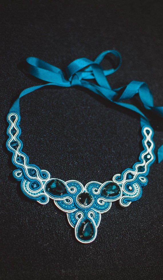 Soutache necklace, Celadon and white necklace, Crystal necklace, Embroidered necklace