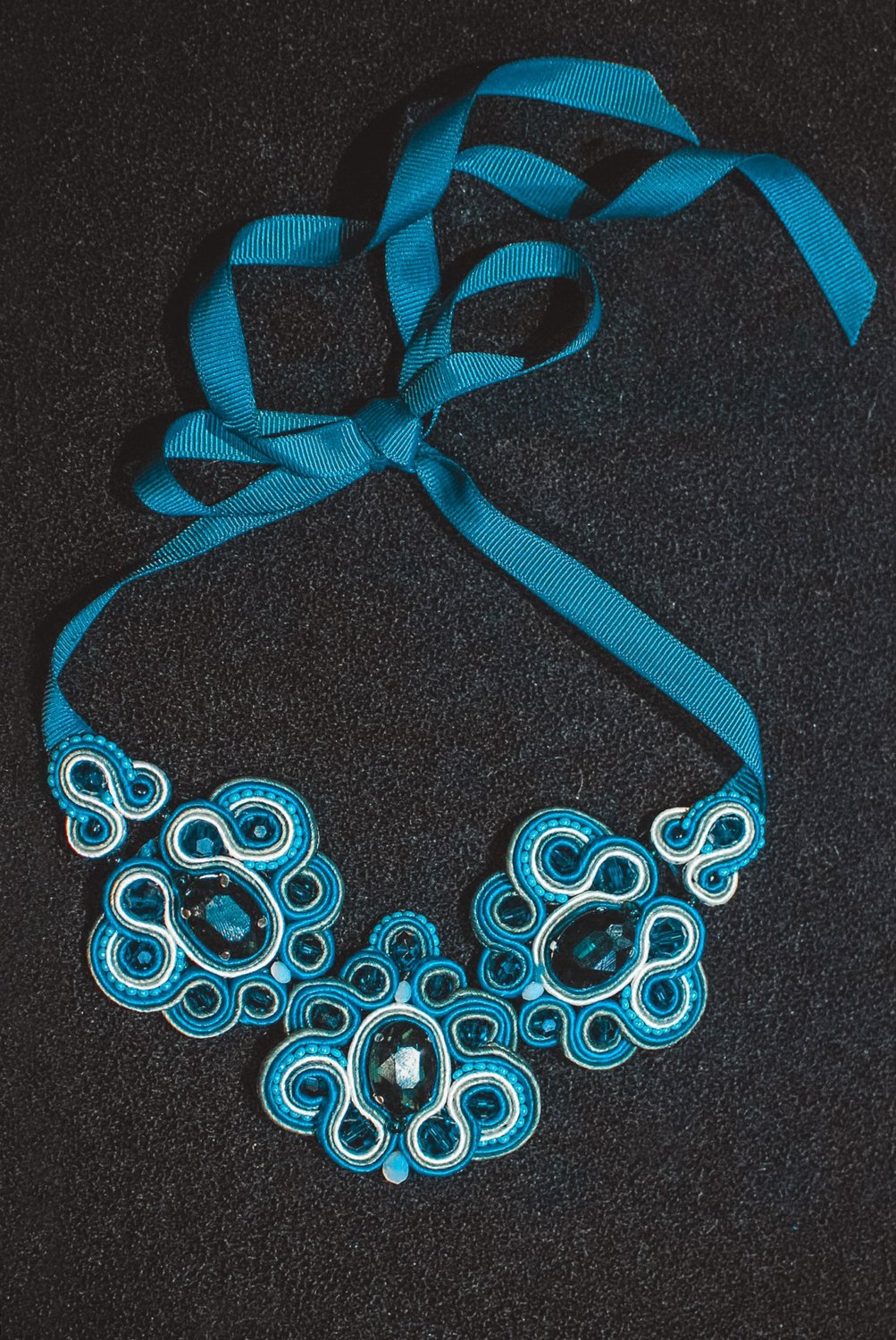 Soutache necklace, Celadon and white necklace with crystals, Embroidered necklace, Crystal necklace