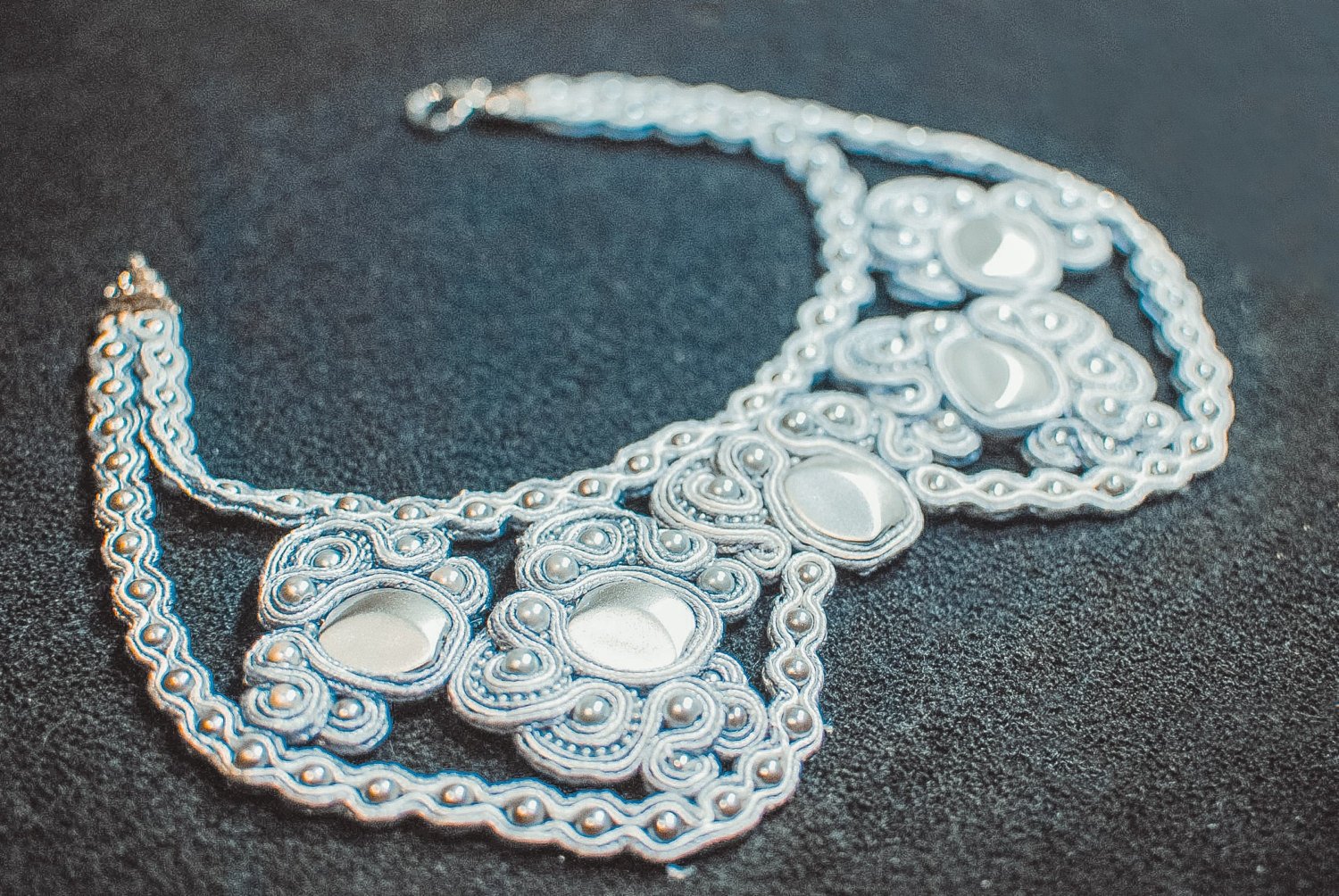 Soutache necklace, Grey necklace, Embroidered necklace, Beaded necklace, Silver necklace