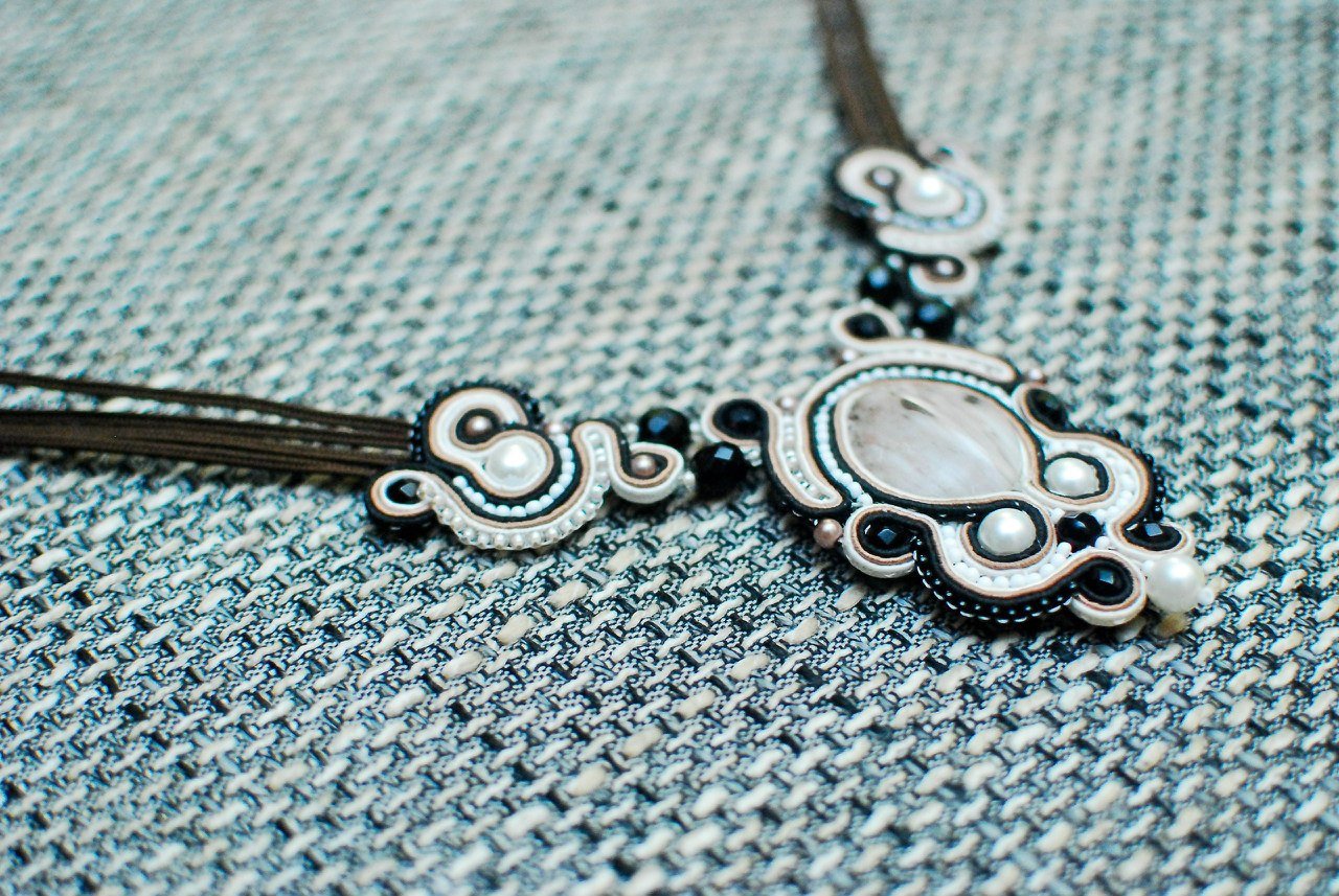 Soutache necklace, Brown, black and beige necklace, Embroidered necklace, Beaded necklace