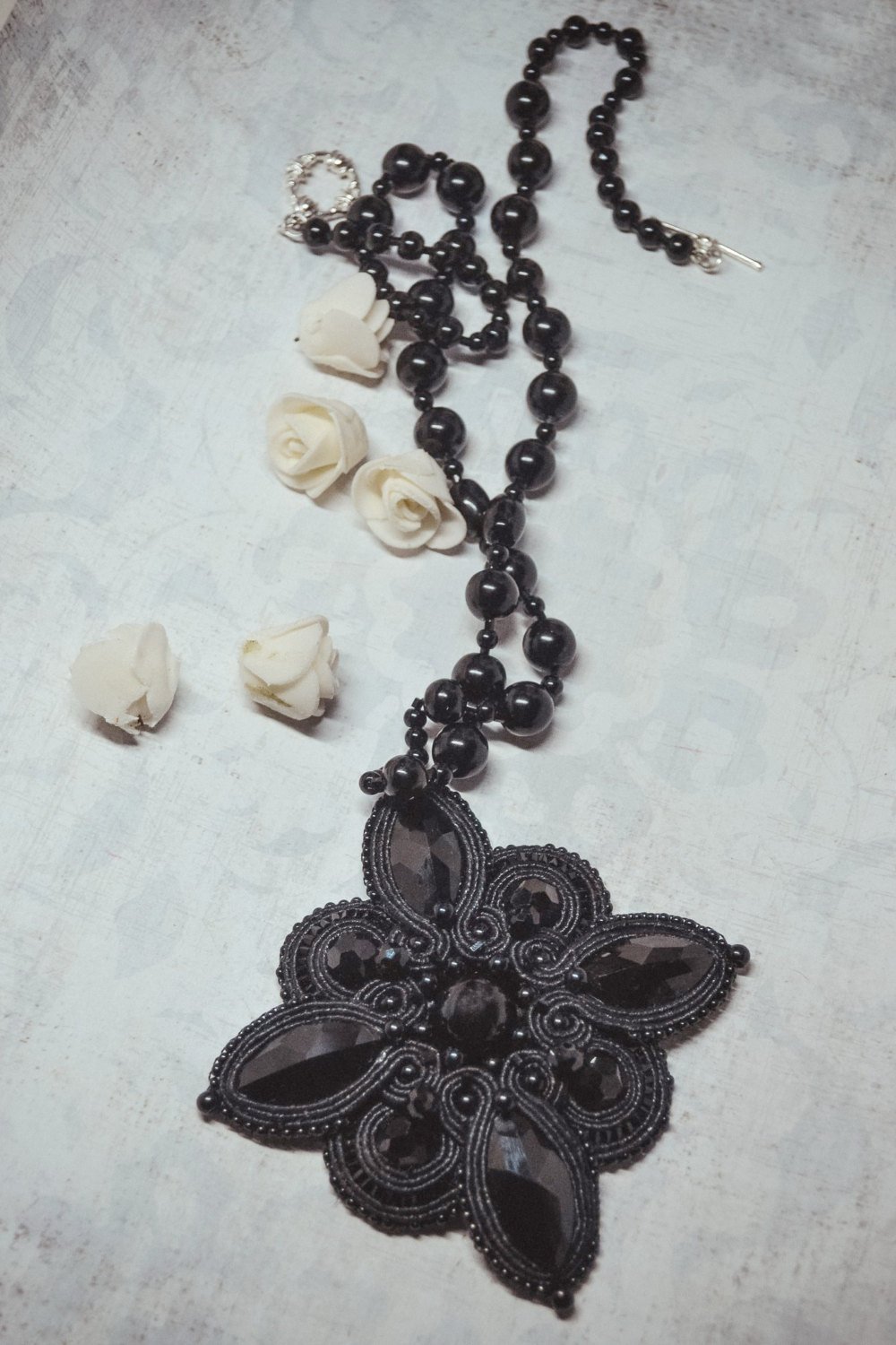 Soutache pendant, Black pendant with crystal, Embroidered pendant, Crystal pendant, Beaded pendant
