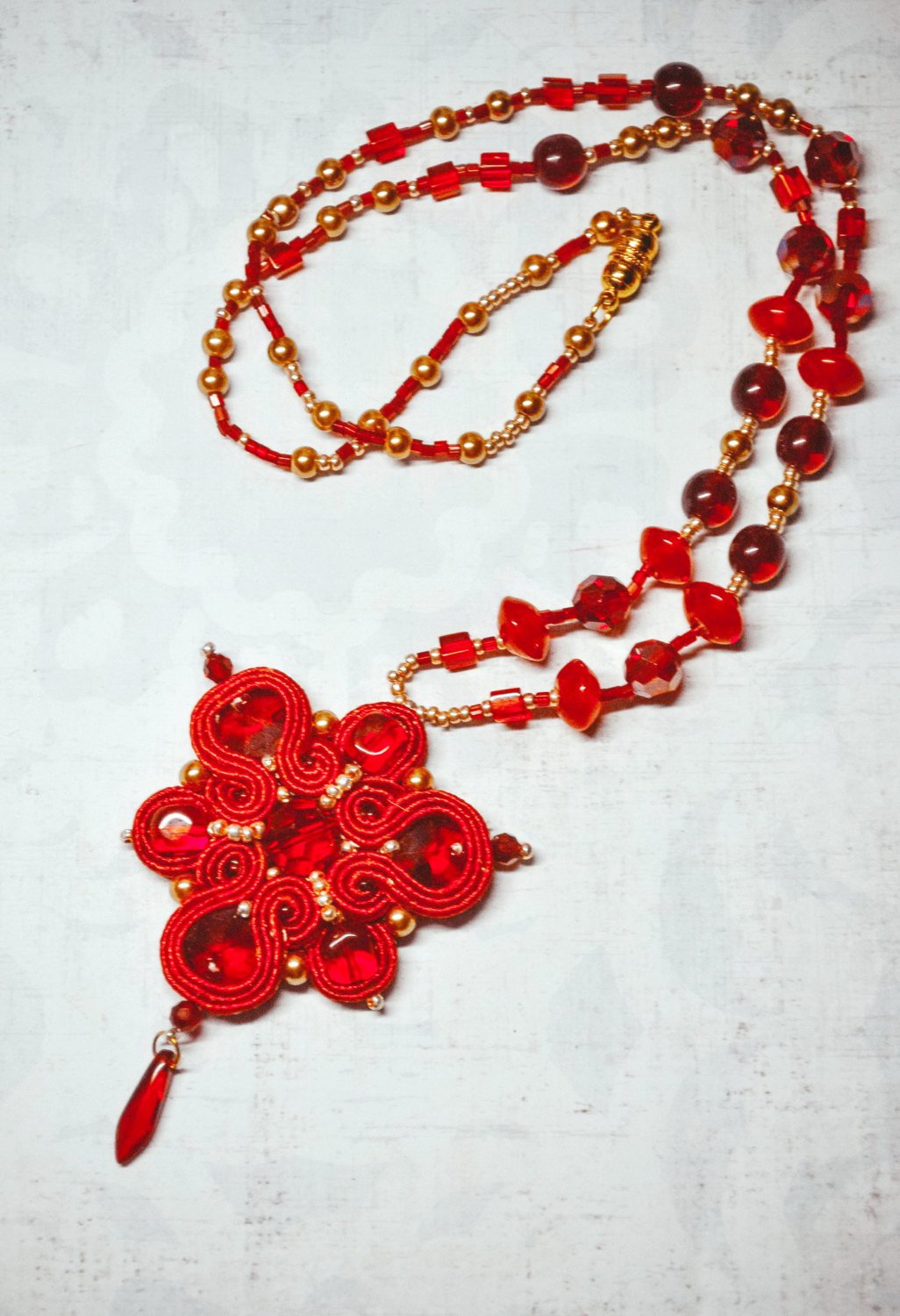 Soutache pendant, Red ang gold pendant, Embroidered pendant, Boho pendant, Crystal pendant