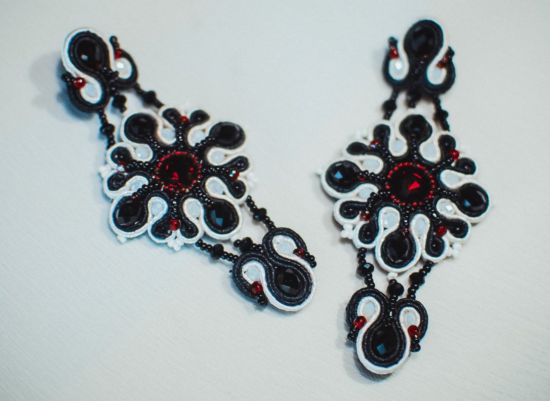 Soutache stud earrings, Black, red and white earrings with crystal, Embroidered earrings