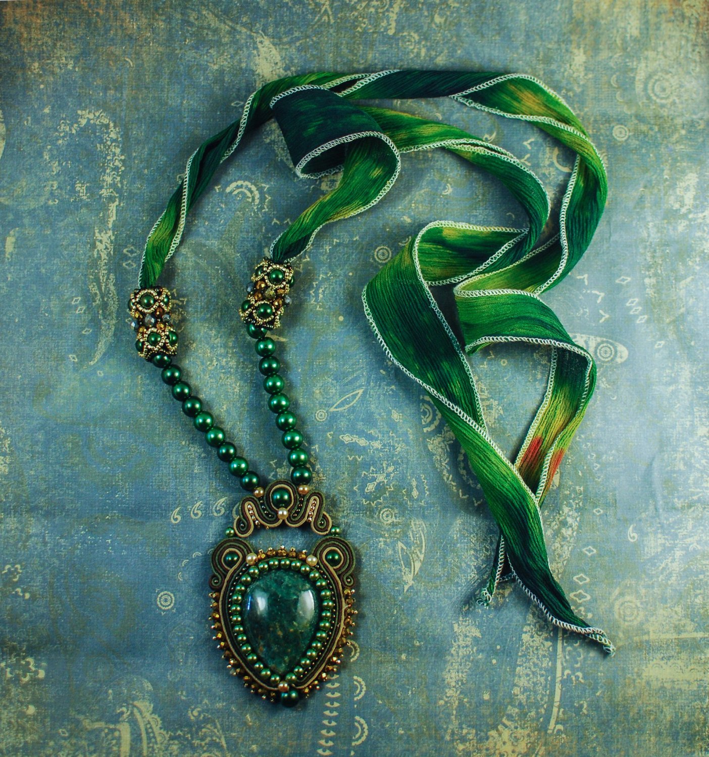 Soutache pendant, Green and bronze pendant with apatite, Embroidered pendant. Evening pendant
