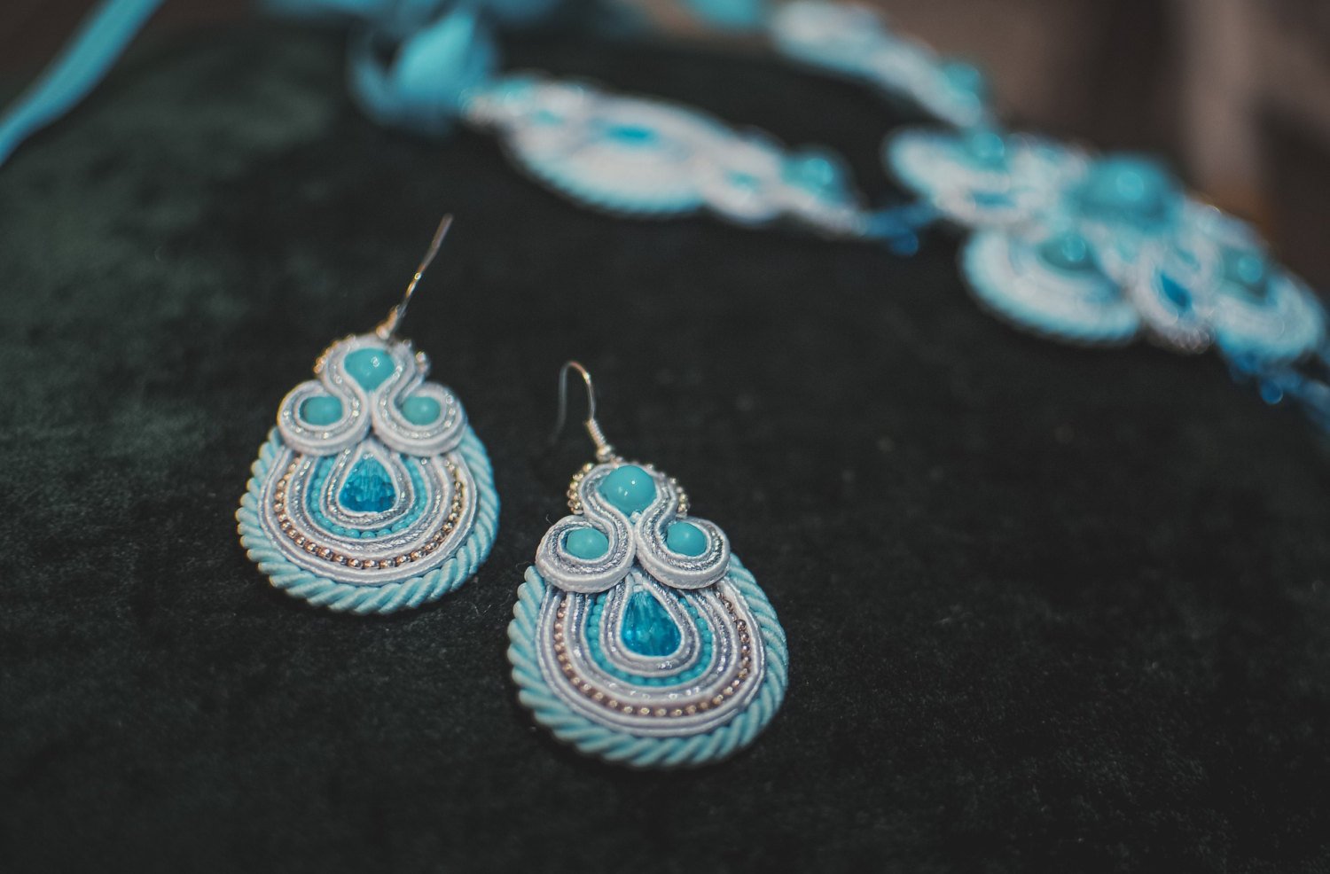 Soutache dangle earings, Blue, white and silver earrings with crystal, Embroidered earrings