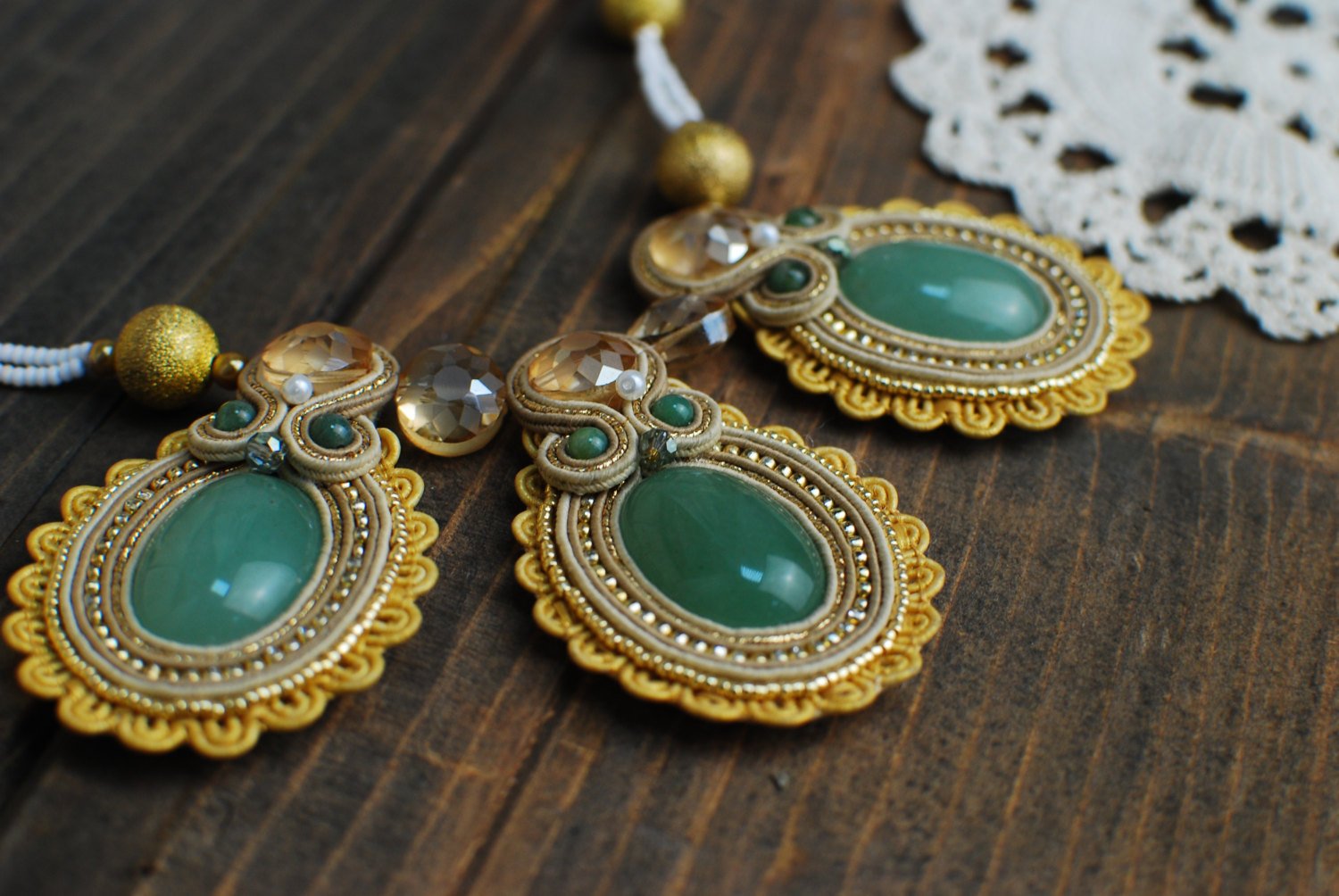 Soutache necklace, Gold and green necklace, Embroidered necklace, Beaded necklace