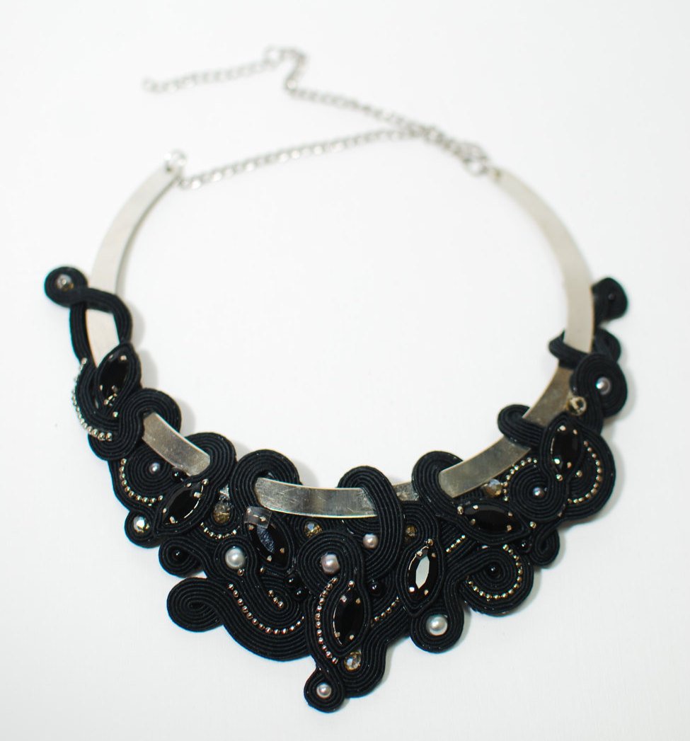Soutache necklace, Black necklace with crystal, Evening necklace, Embroidered necklace