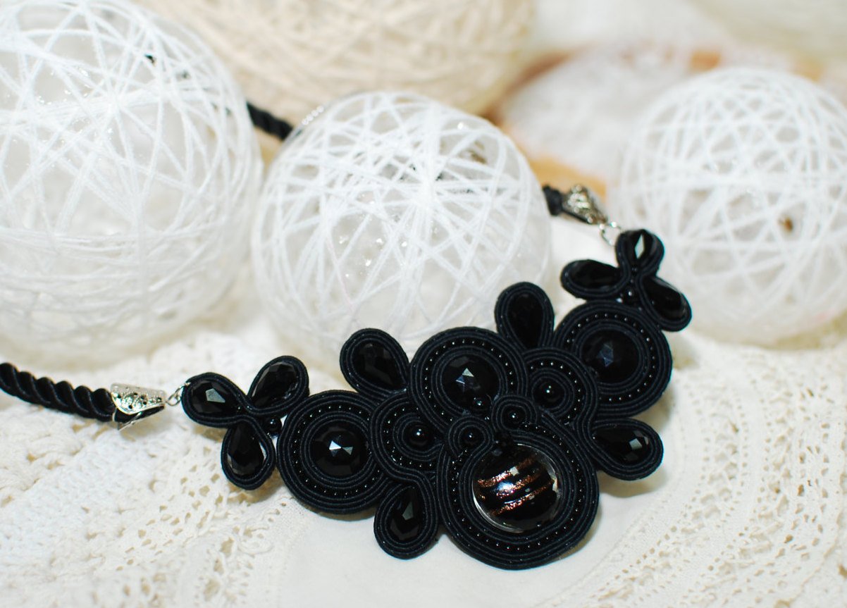 Soutache necklace, Black necklace, Crystal necklace, Embroidered necklace, Beaded necklace
