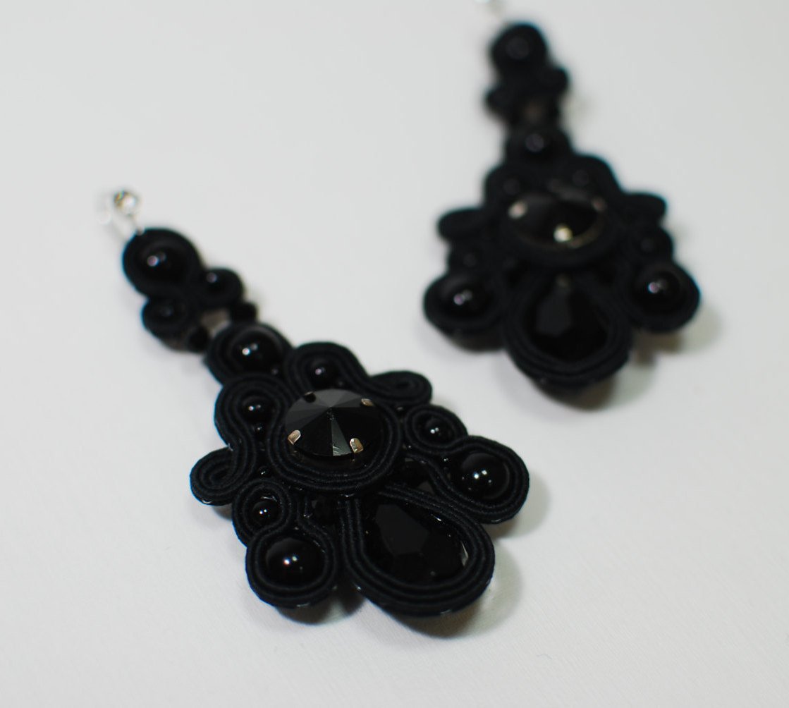 Soutache long earrings, Dangle earrings, Black earrings, Evening earrings, Embroidered earrings