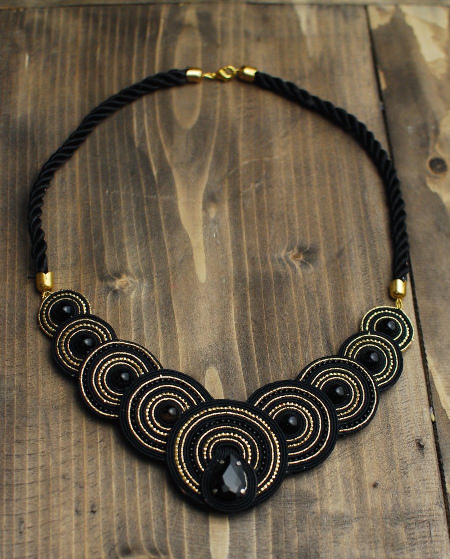 Soutache necklace, Black and gold necklace with agate, Embroidered necklace, Beaded necklace