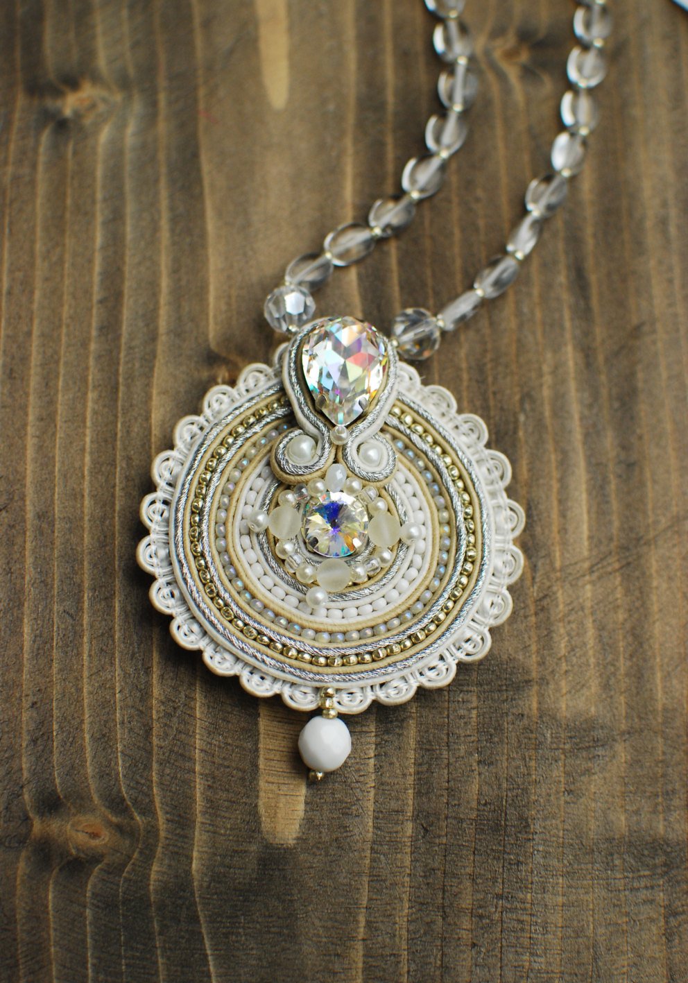 Soutache pendant, white pendant witn Swarowski, Wedding pendant, Embroidered pendant