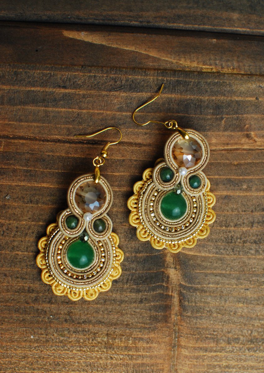 Soutache dangle earrings, Gold and green earrings with jade, Embroidered earrings, Beaded earrings