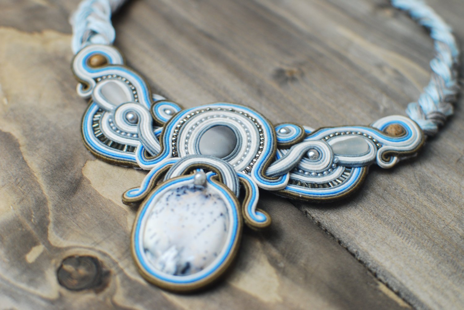 Soutache necklace, Grey, blue, white necklace, Boho necklace, Beaded necklace, Embroidered necklace