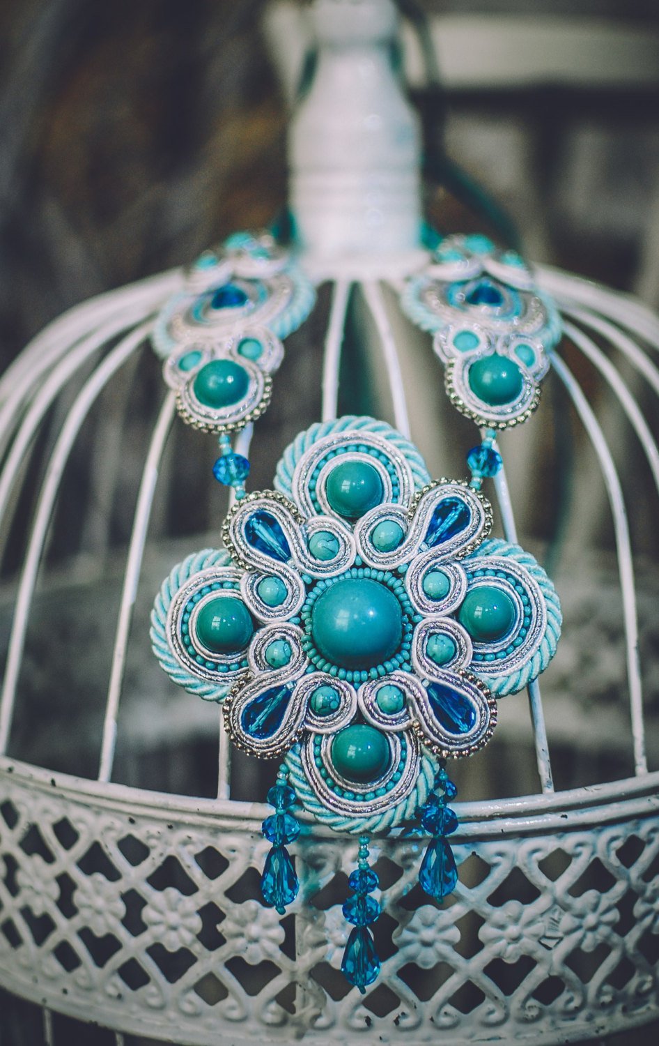 Soutache necklace, Blue, white and silver necklace, Big necklace, Embroidered necklace