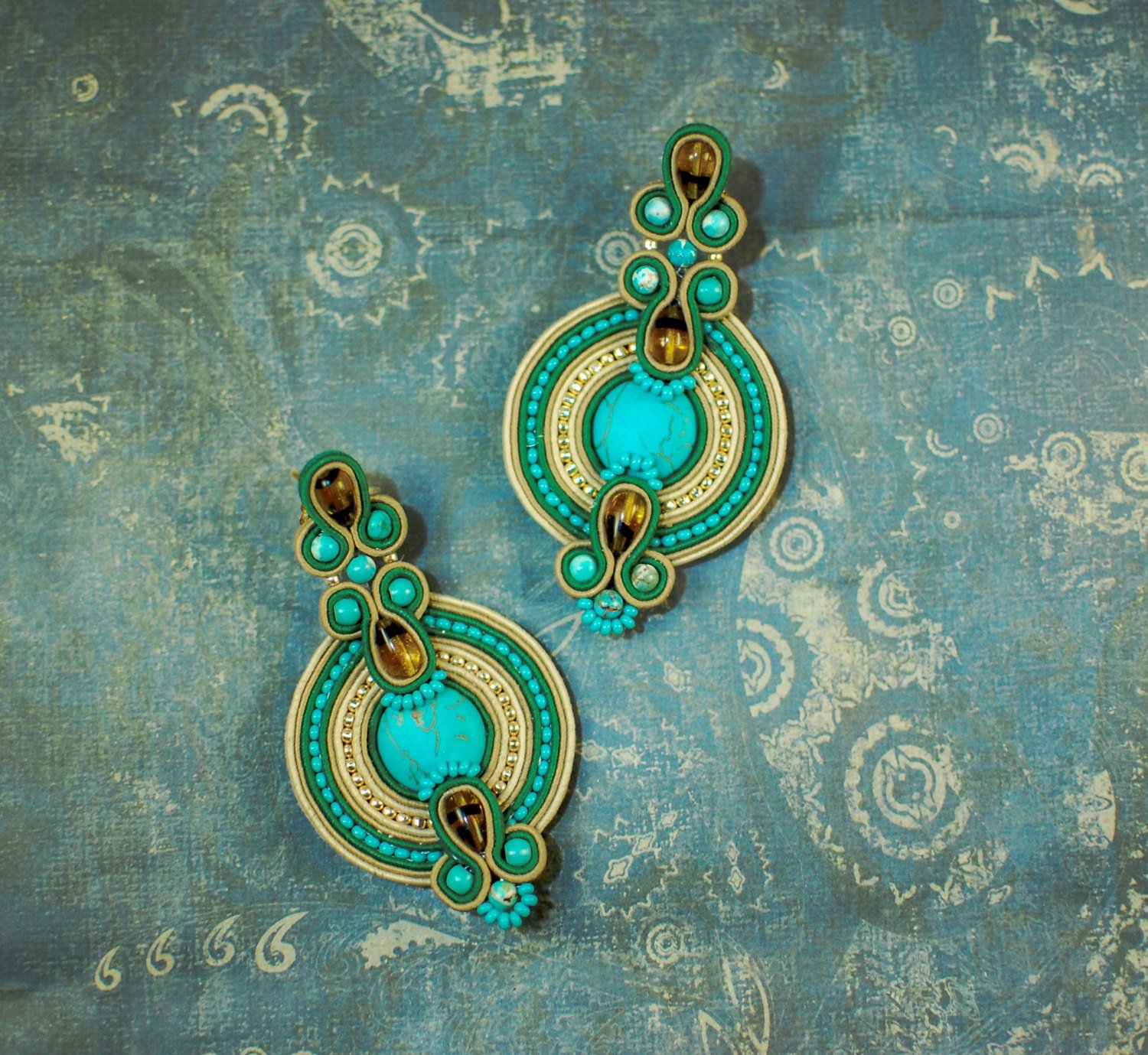 Soutache dangle earrings, Gold and turquoise earrings, Boho earrings, Embroidery earrings