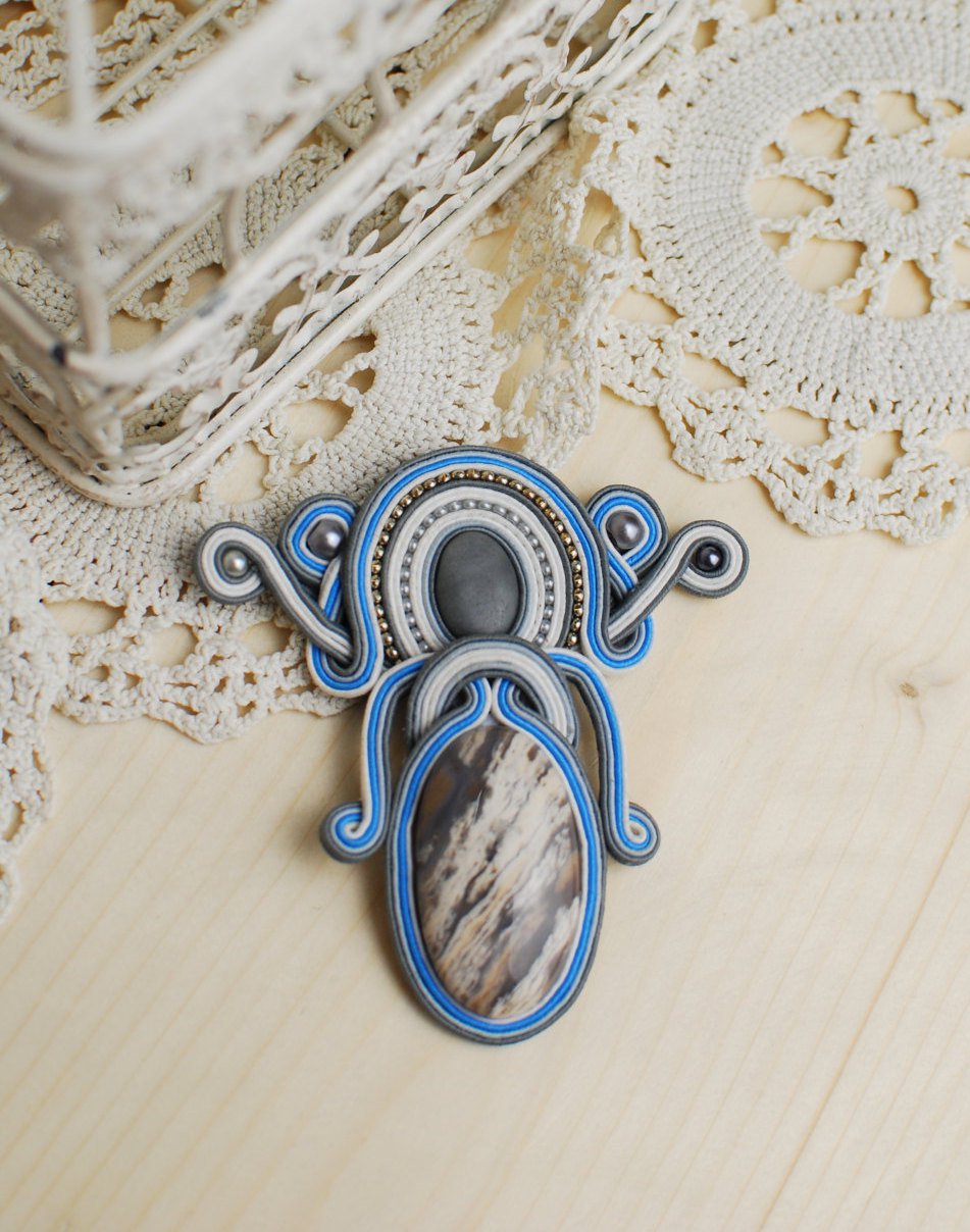 Soutache brooch, Blue and grey brooch with jasper, Embroidered brooch, Beaded brooch