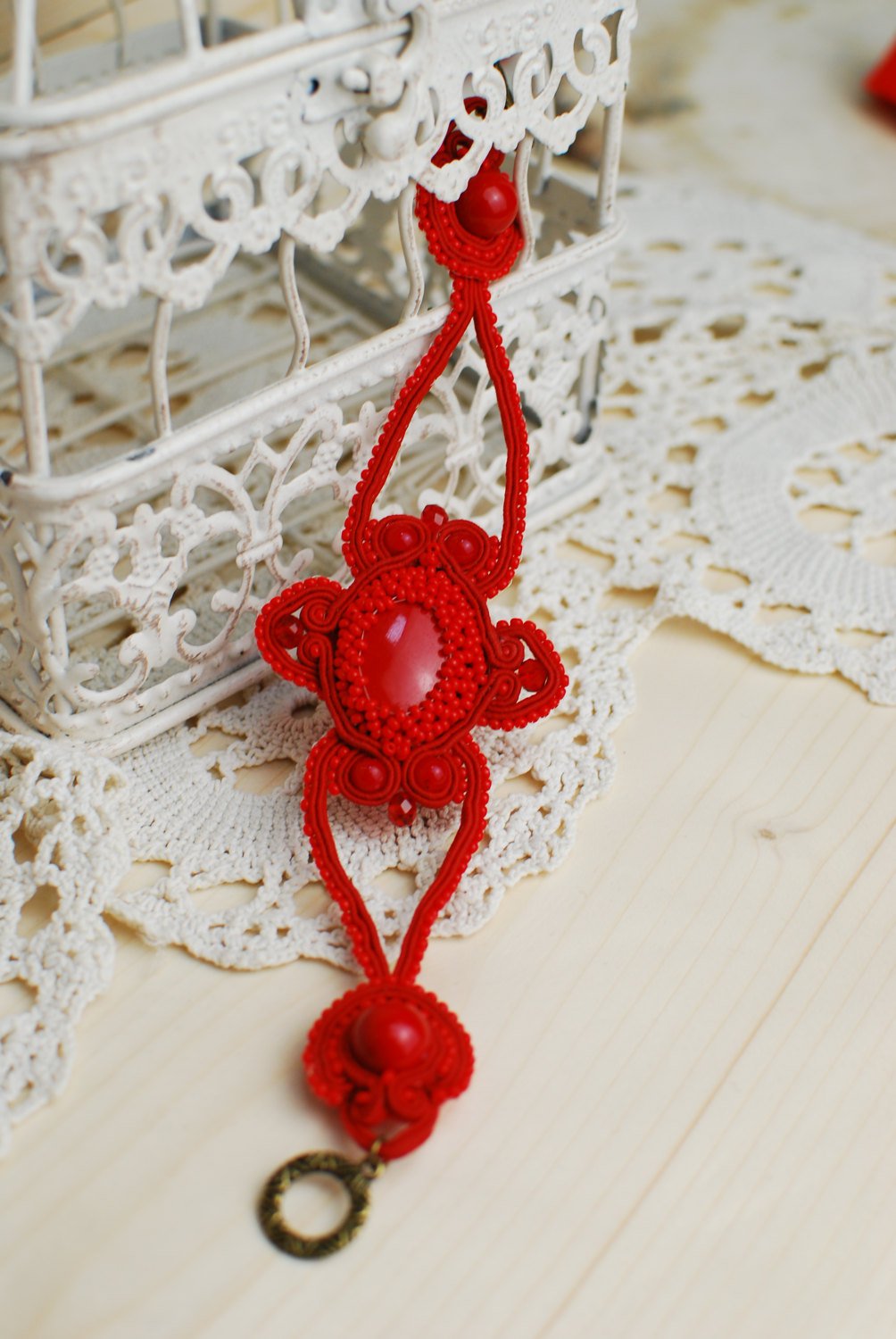 Soutache bracelet, Red blacelet with coral beads, Embroidered bracelet, Beaded bracelet