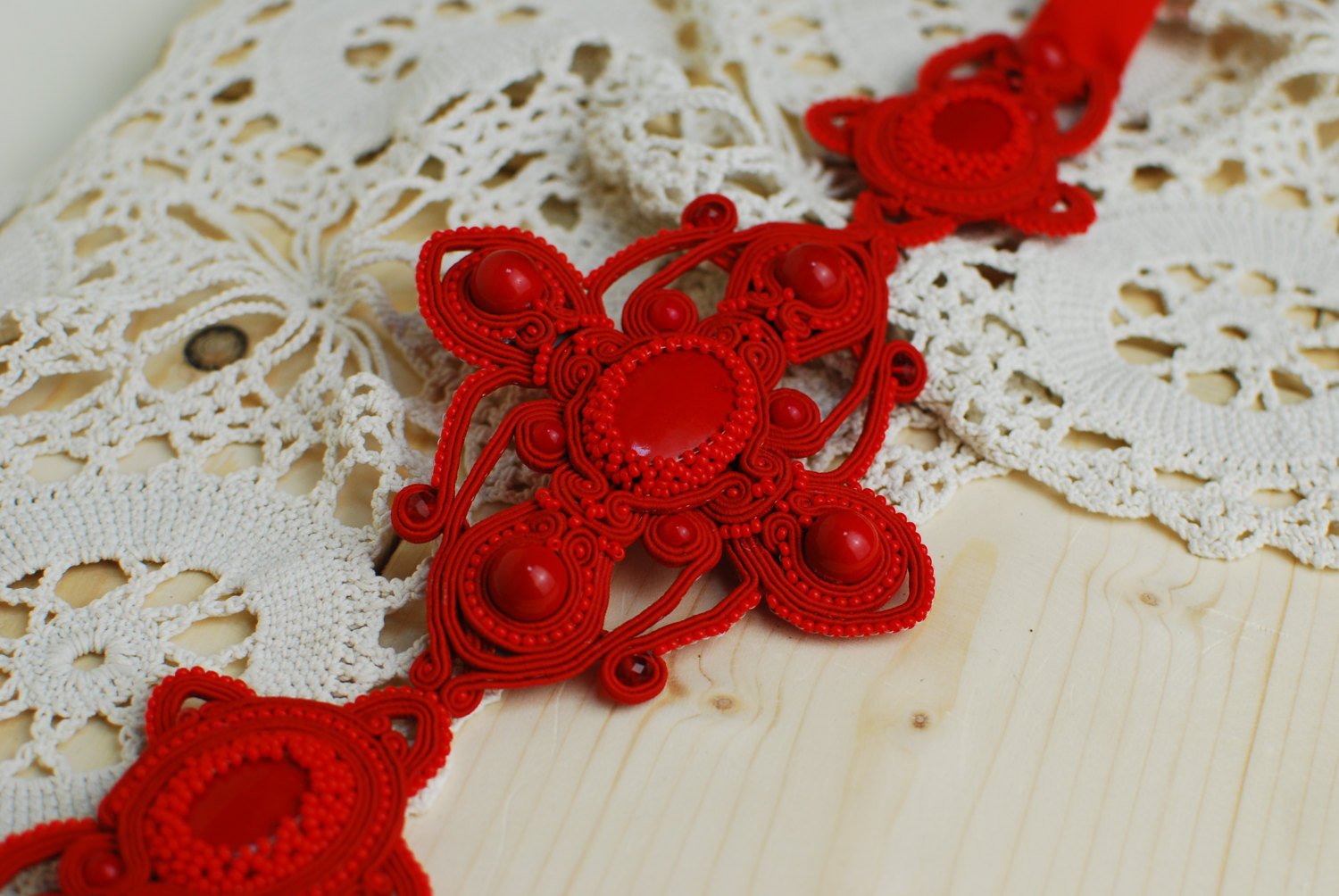 Soutache belt, Red belt with coral beads, Embroidered belt, Beaded belt, Soutache jewelry