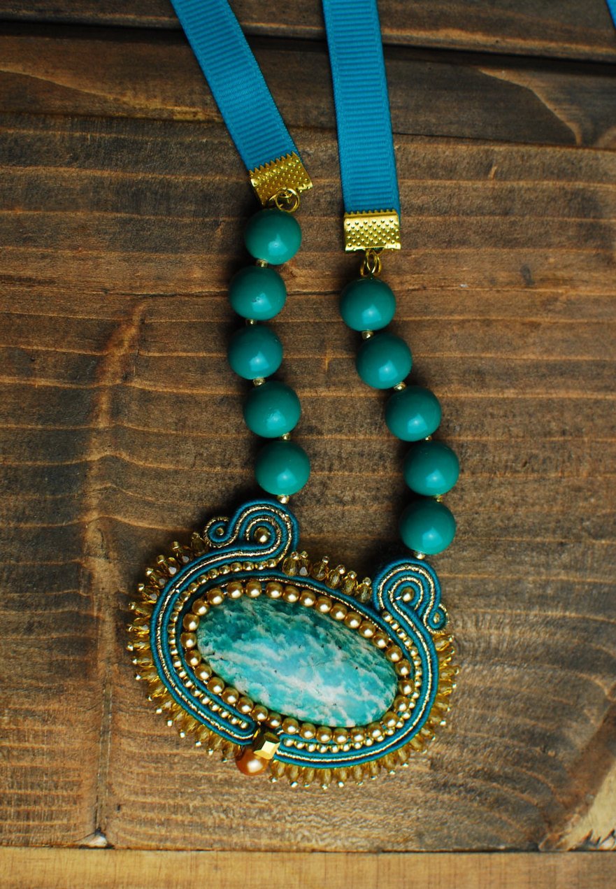 Soutache pendant, Celadon ang gold pendant with amazonite, Embroidered pendant, Beaded pendant