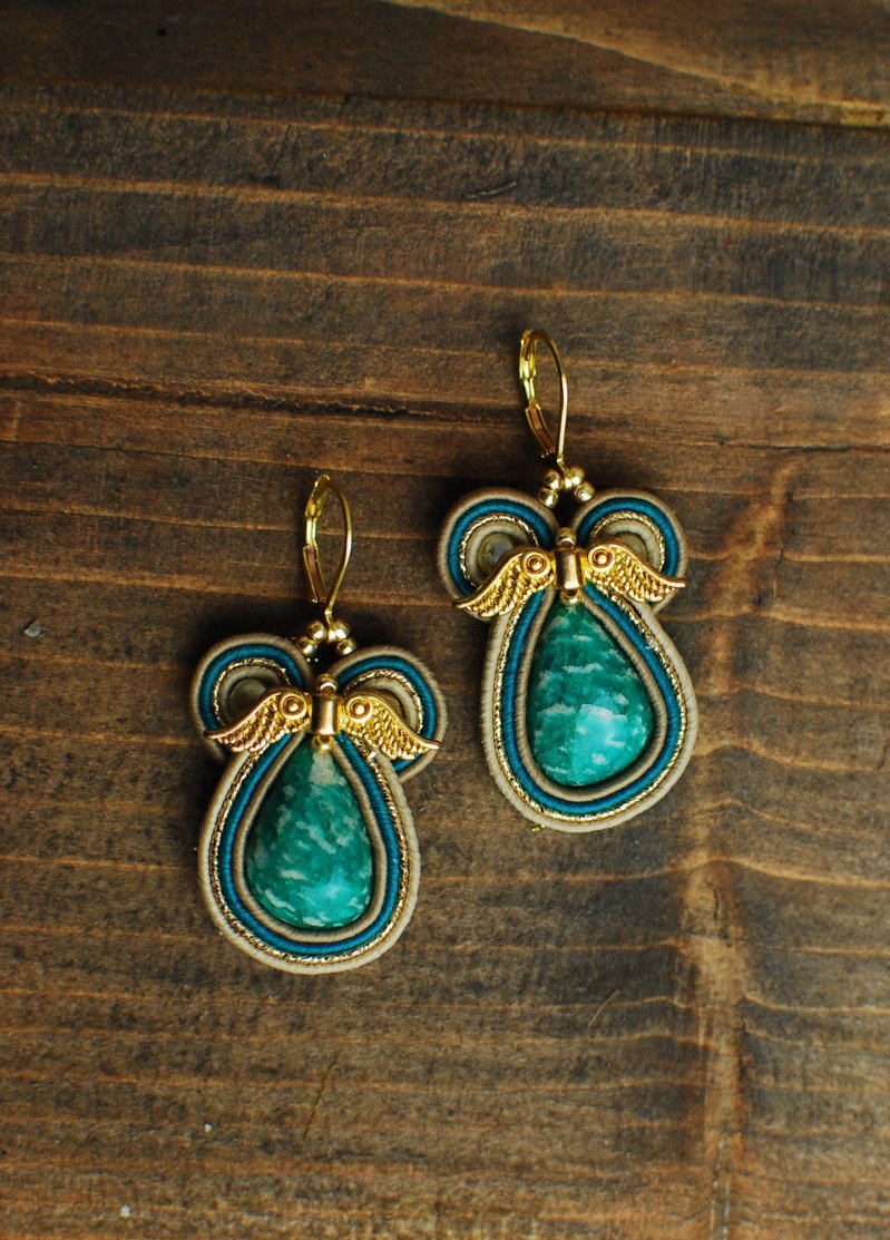 Soutache dangle earrings, Celadon and gold earrings with amazonite, Embroidered earrings