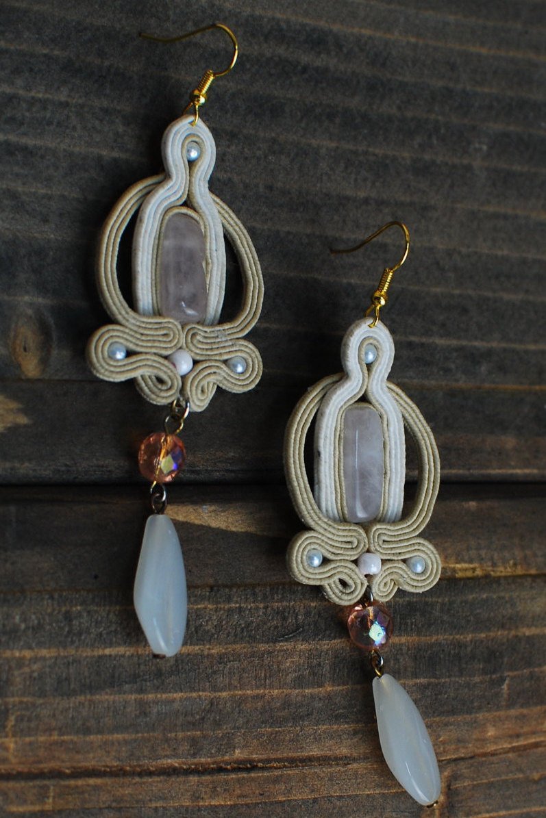 Soutache long earrings, Pink and beige earrings with rose quartz, Embroidered earrings