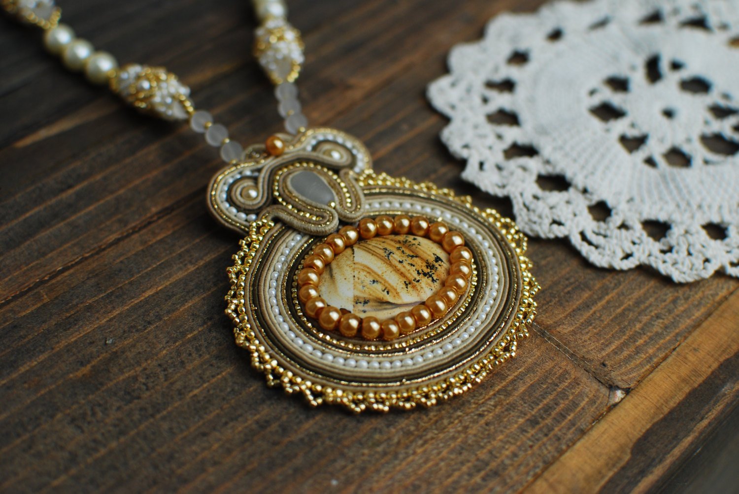 Soutache pendant, Gold and beige pendant with jasper, Embroidered pendant, Beaded pendant