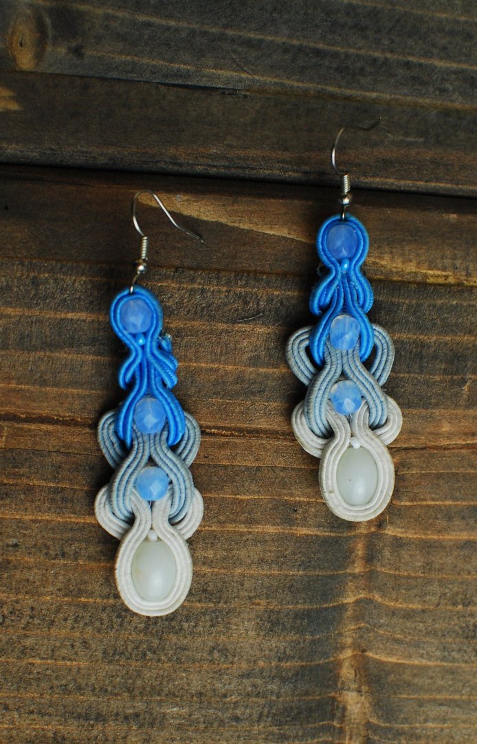 Soutache dangle earrings, Blue and white earrings, Long earrings, Soutache jewelry