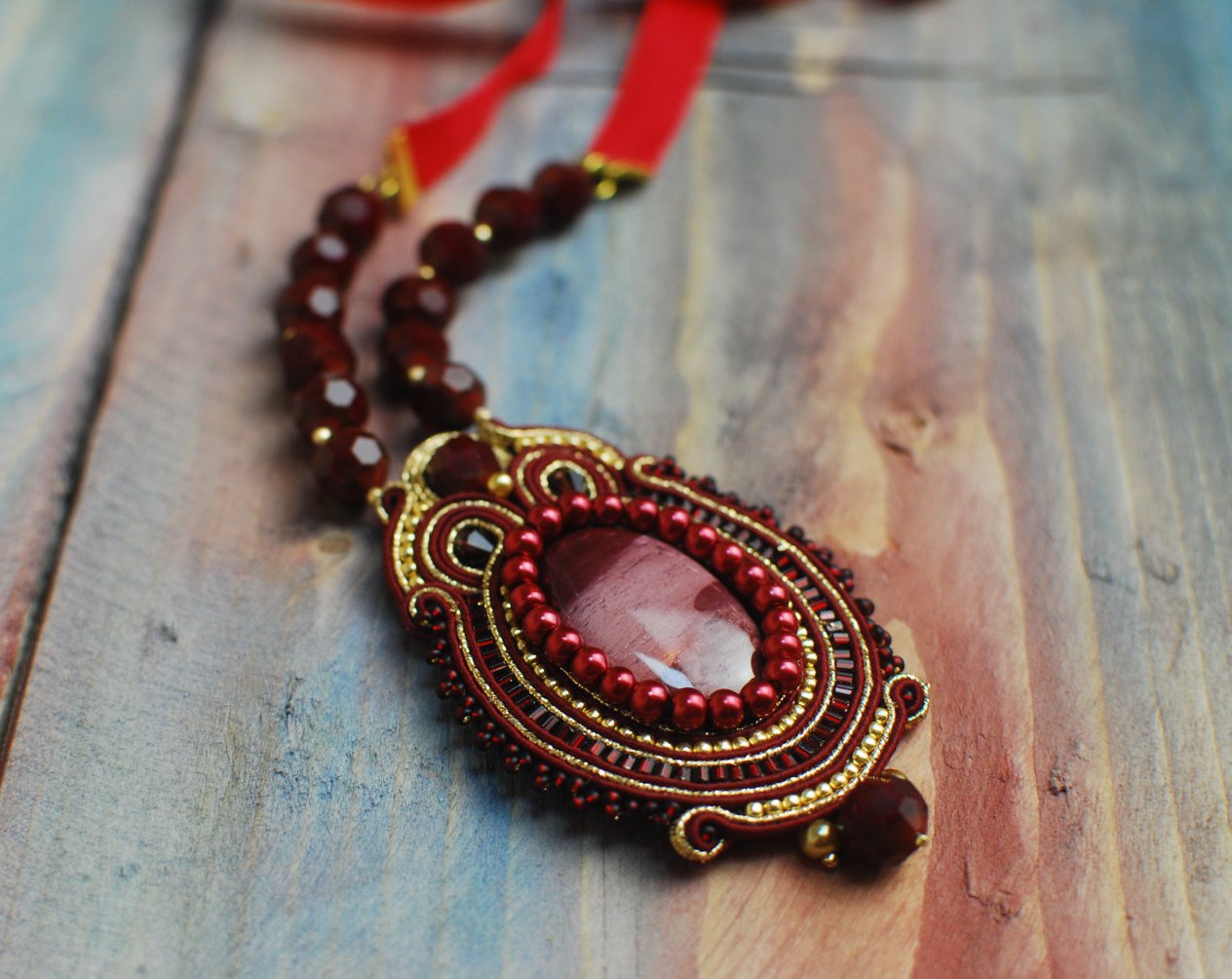 Soutache pendant, Gold and burgundy pendant with mookaite, Soutache jewelry, Embroidered pendant