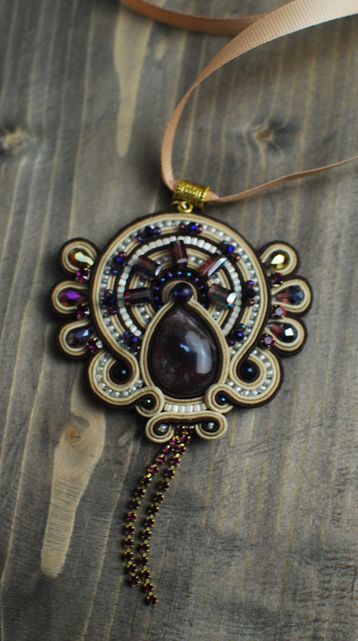 Soutache pendant, Brown,violet and beige pendant with amethyst, Embroidered pendant, Crystal pendant