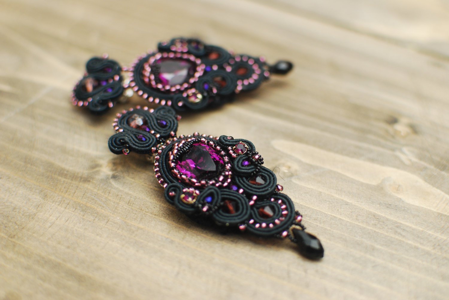 Soutache earrings, Black earrings, Violet earrings, Embroidered earrings, Soutache jewelry