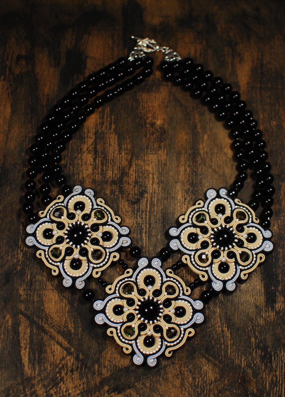 Soutache necklace, Black, grey and beige necklace, Embroidered necklace, Beaded necklace