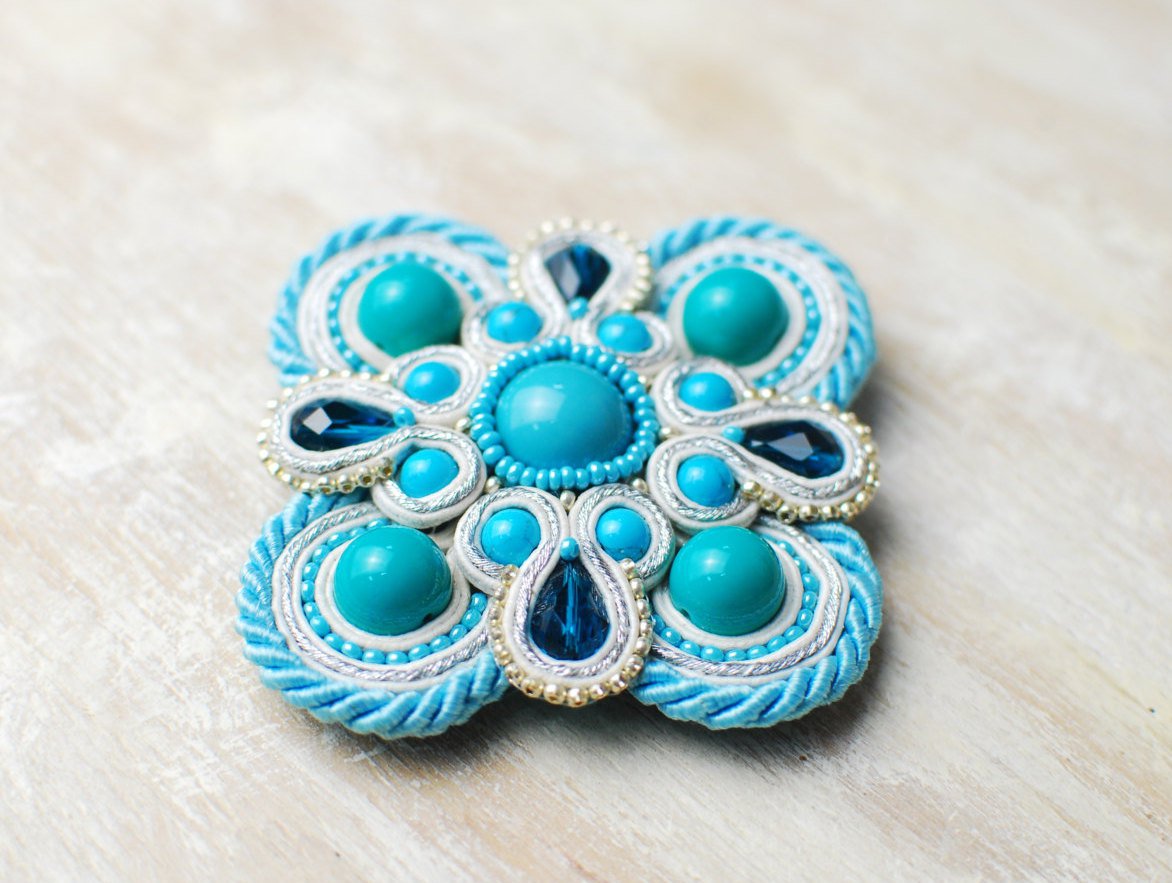 Soutache brooch, Blue, white and silver brooch, Embroidered brooch, Beaded brooch, Soutache jewelry