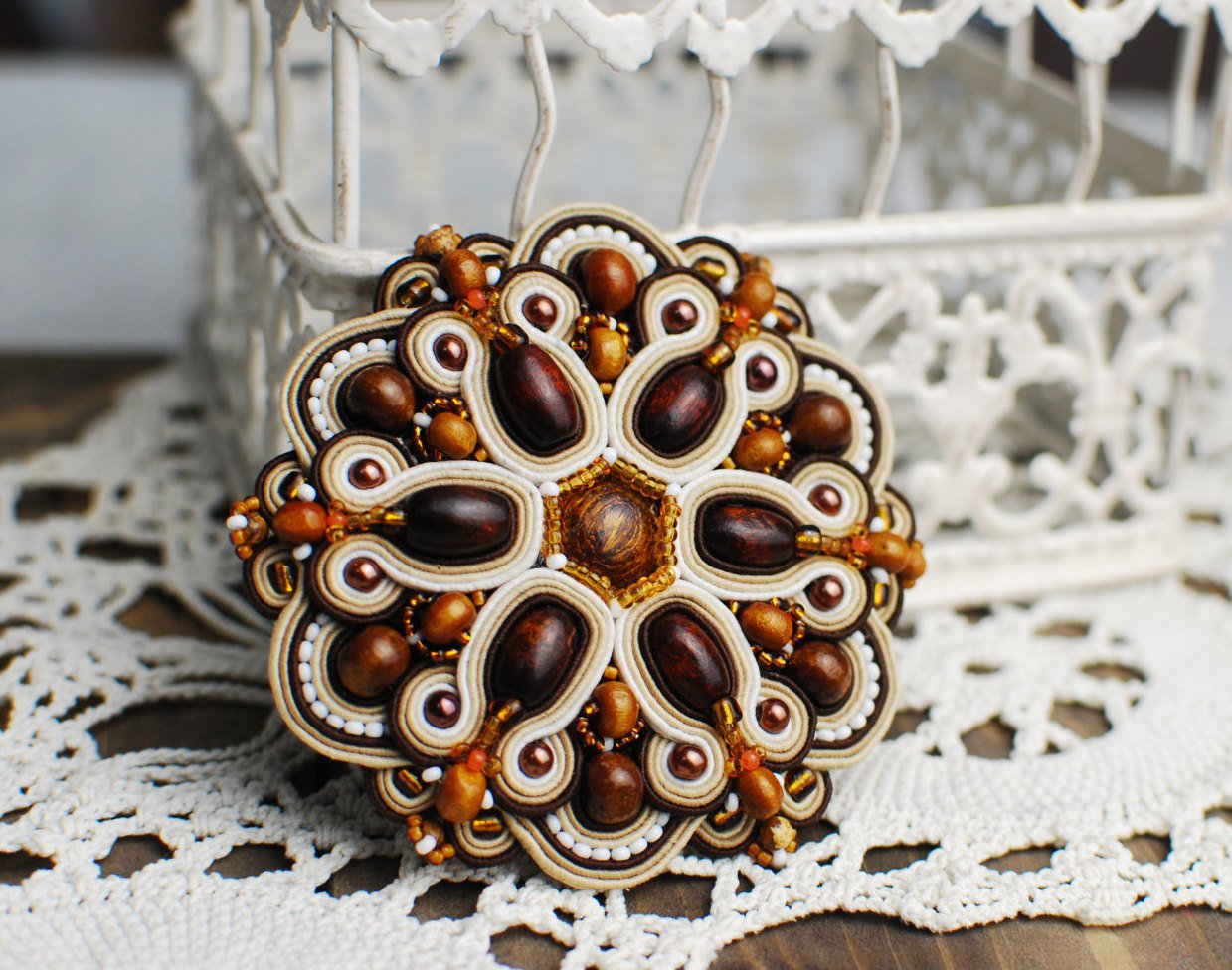 Soutache brooch, Brown and beige brooch, Embroidered brooch, Beaded brooch, Soutache jewelry
