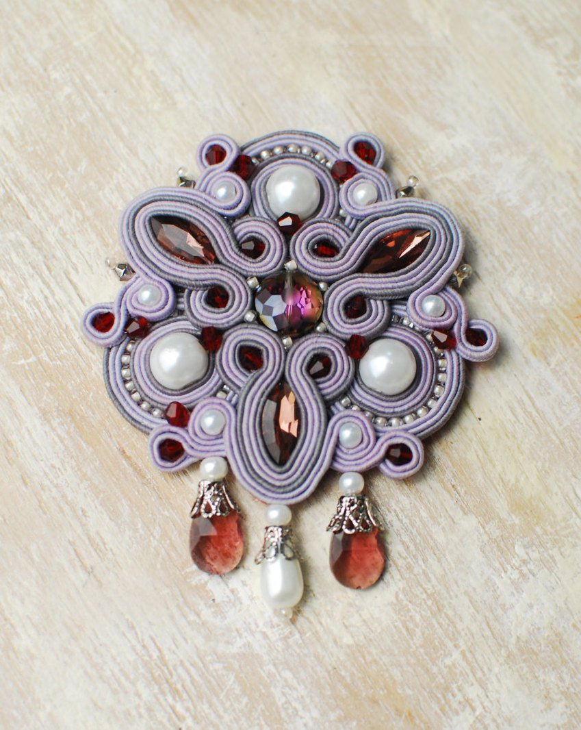 Soutache brooch, Violet and burgundy brooch, Embroidered brooch, Beaded brooch, Soutache jewelry