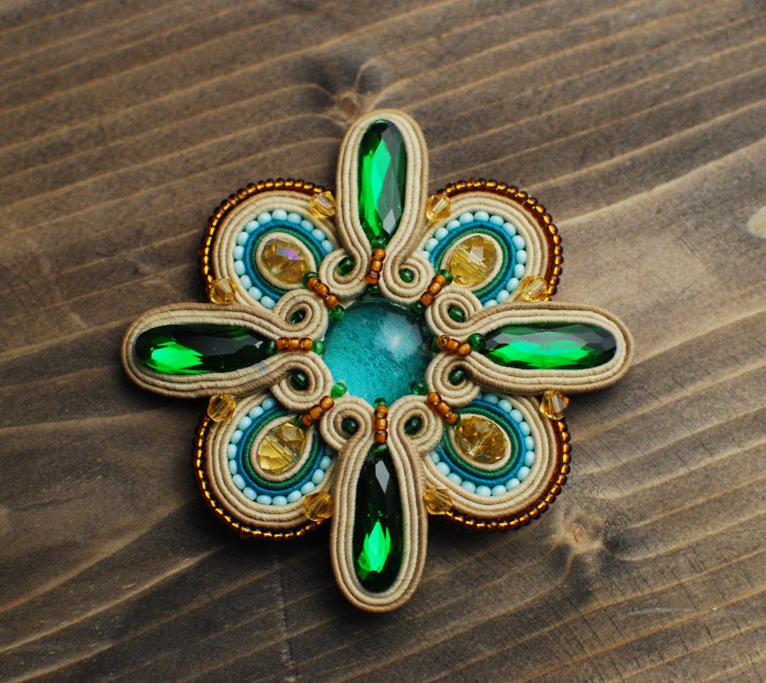 Soutache brooch, Green, beige, turquoise and gold brooch, Embroidered brooch, Beaded brooch