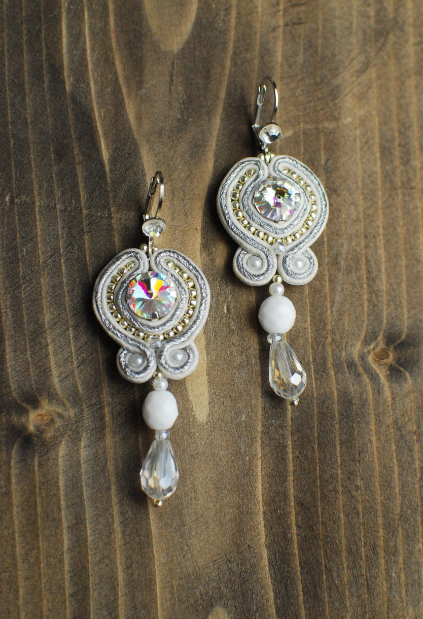 Soutache dangle earrings, White and silver earrings, Embroidered earrings, Beaded earrings