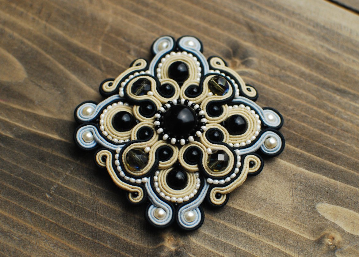 Soutache brooch, Grey, beige and black brooch, Embroidered brooch, Soutache jewelry, Beaded brooch