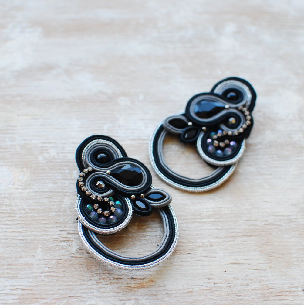 Soutache stud earrings, Black and silver earrings with crystal, Beaded earrings