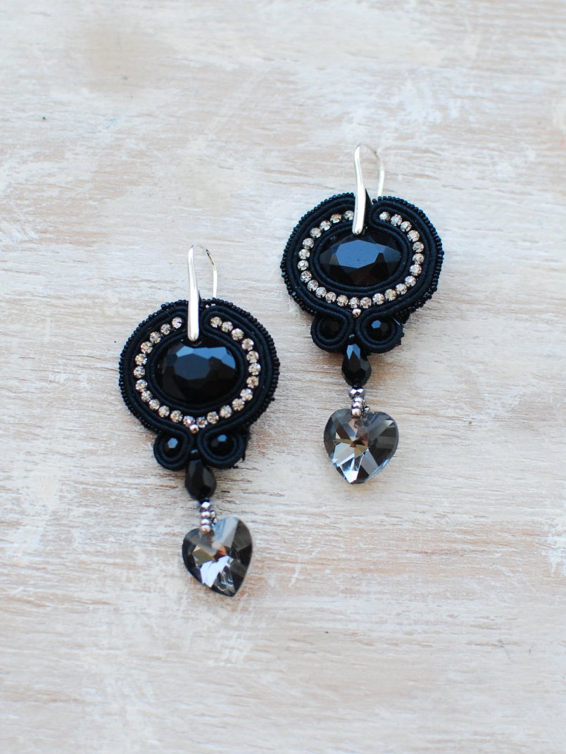 Soutache dangle earrings, Black and silver earrings, Embroidered earrings, Beaded earrings