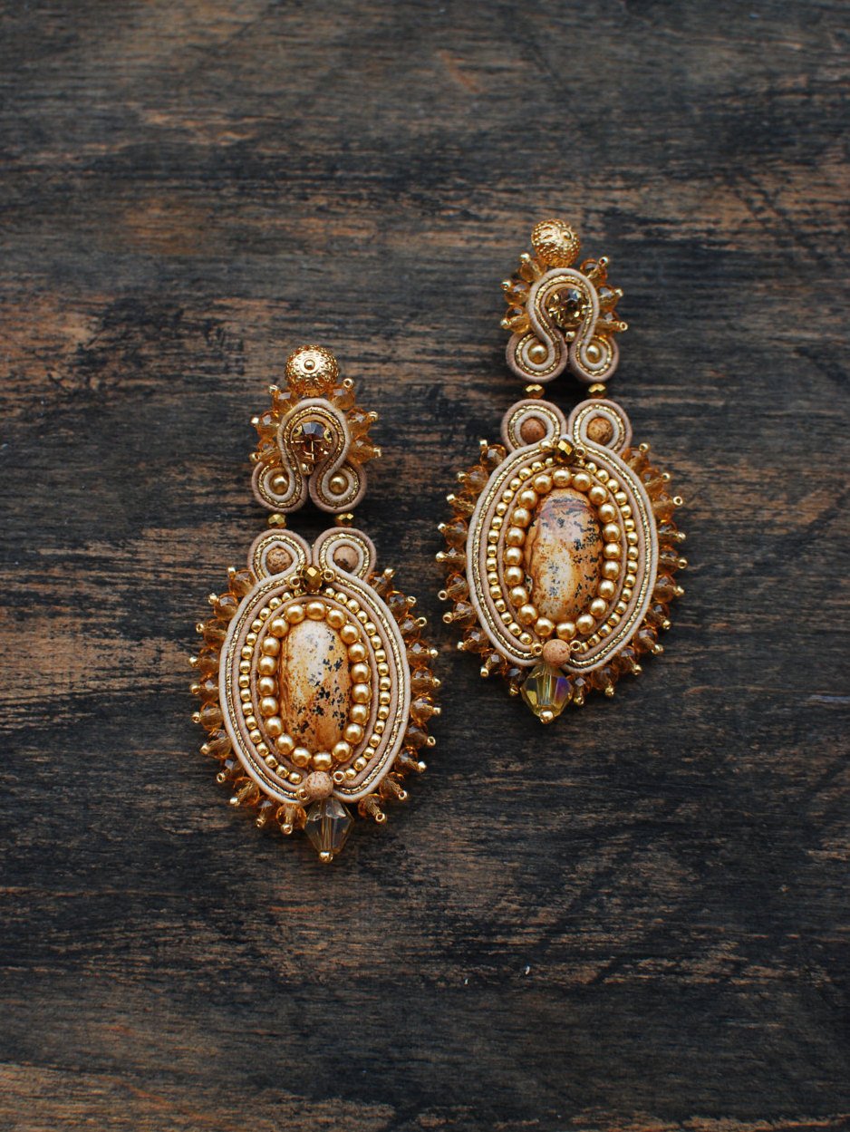 Soutache dangle earrings, Gold and beige earrings, Embroidered earrings, Beaded earrings