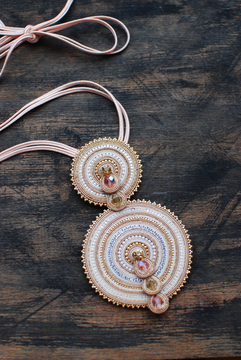Soutache pendant, Beige and gold pendant, Embroidered pendant, Beaded pendant, Crystal pendant