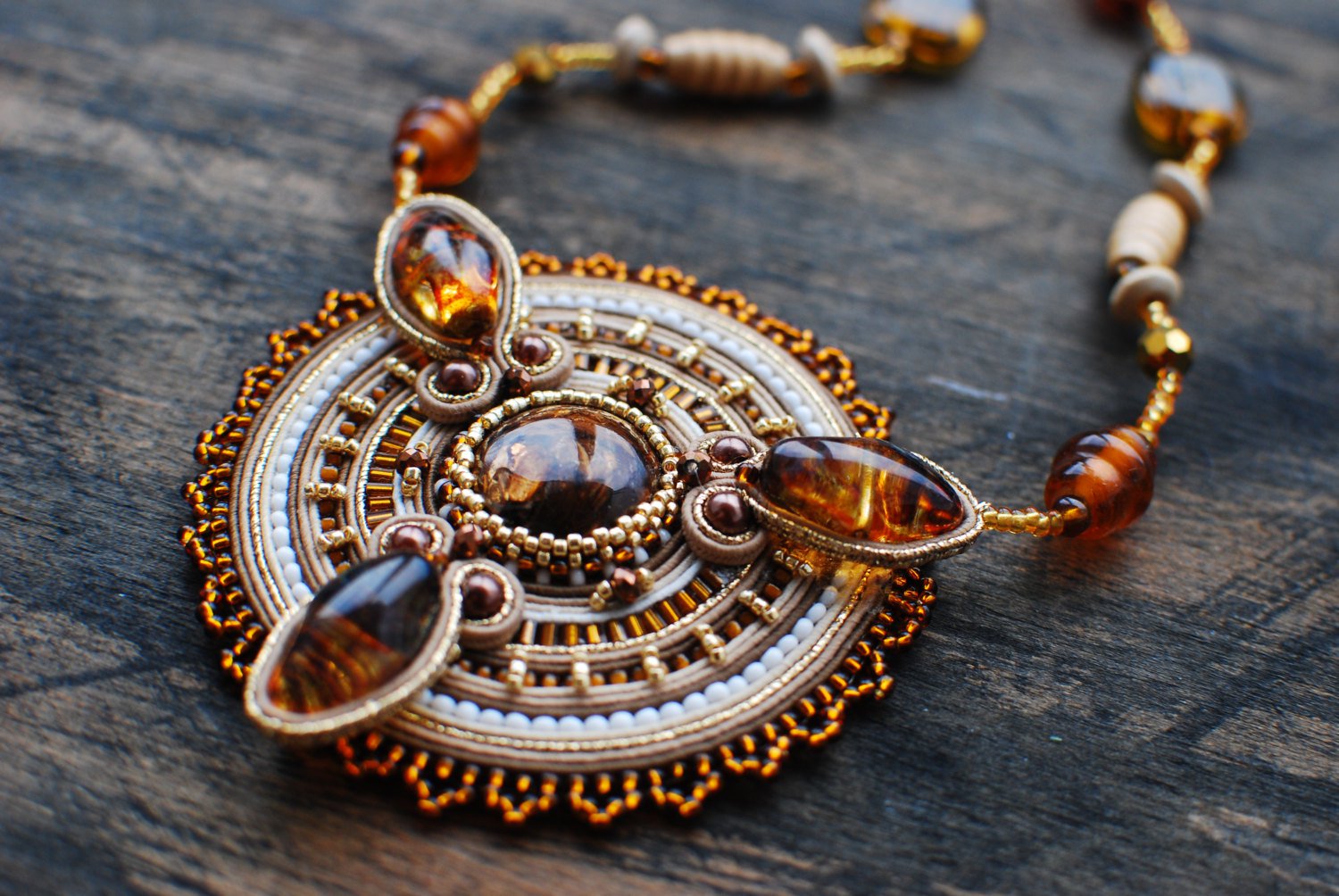 Soutache pendant, Brown, beige and gold pendant with bronzit, Embroidered pendant, Beaded pendant