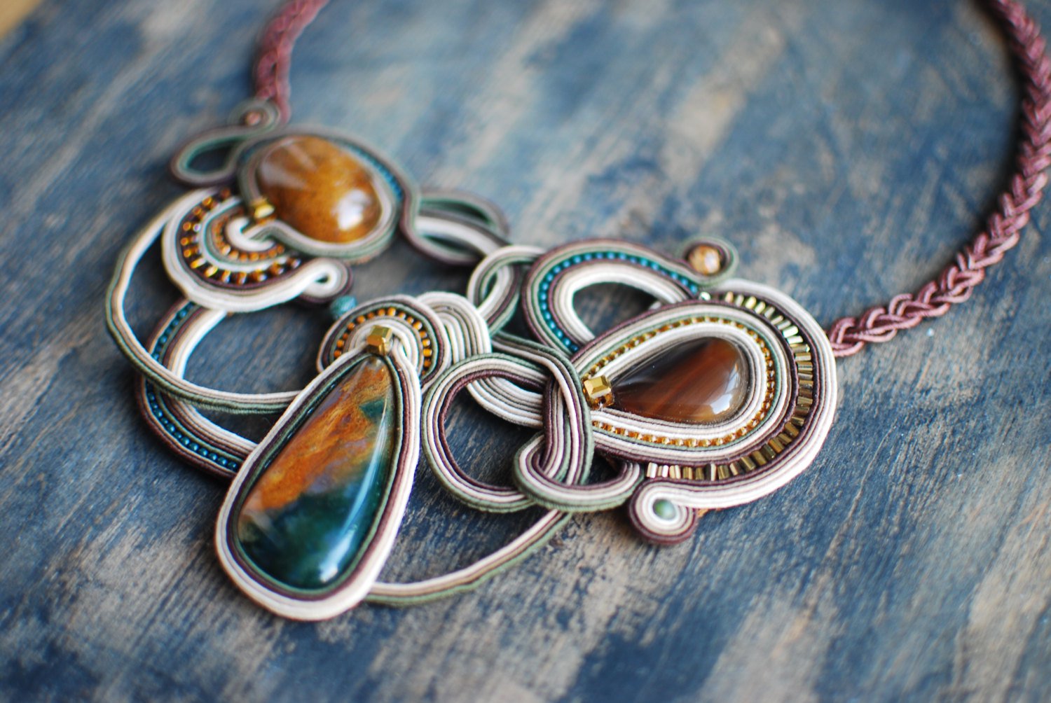 Soutache necklace, Brown, beige and green necklace, Embroidered necklace, Beaded necklace