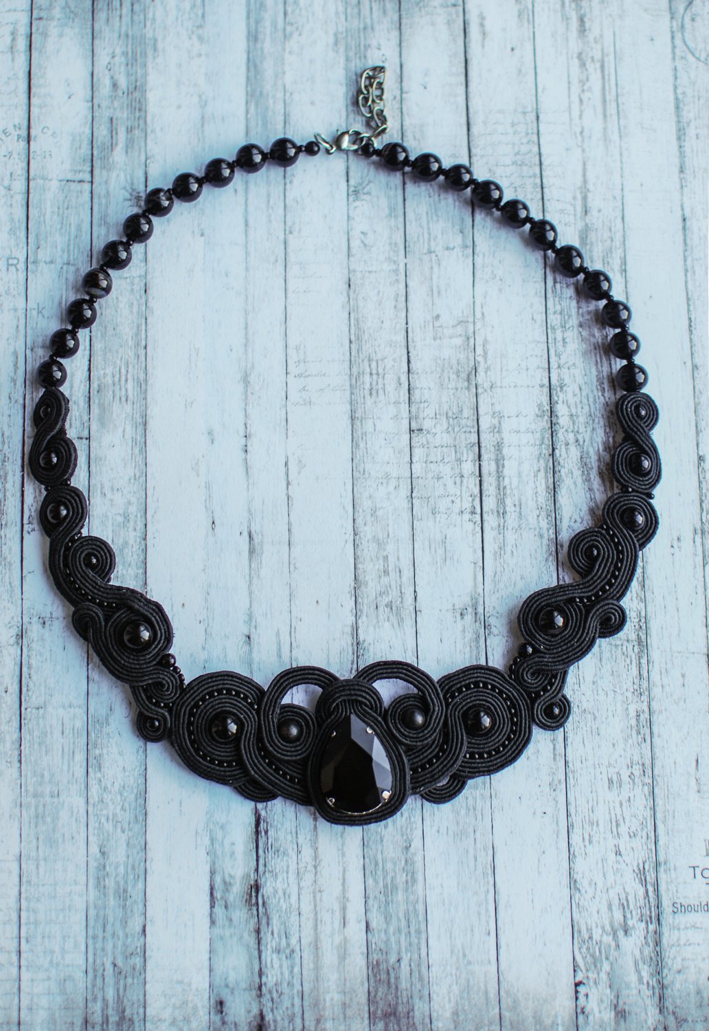 Soutache necklace, Black necklace with agate and crystal, Embroidered necklace, Beaded necklace