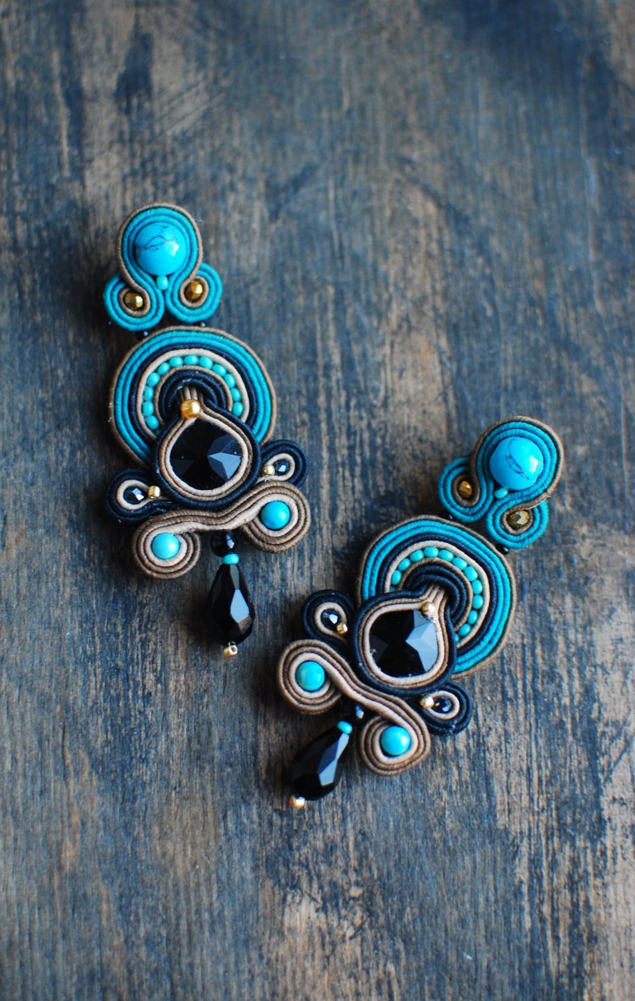 Soutache dangle earrings, Black, beige and turquoise earrings, Embroidered earrings, Beaded earrings