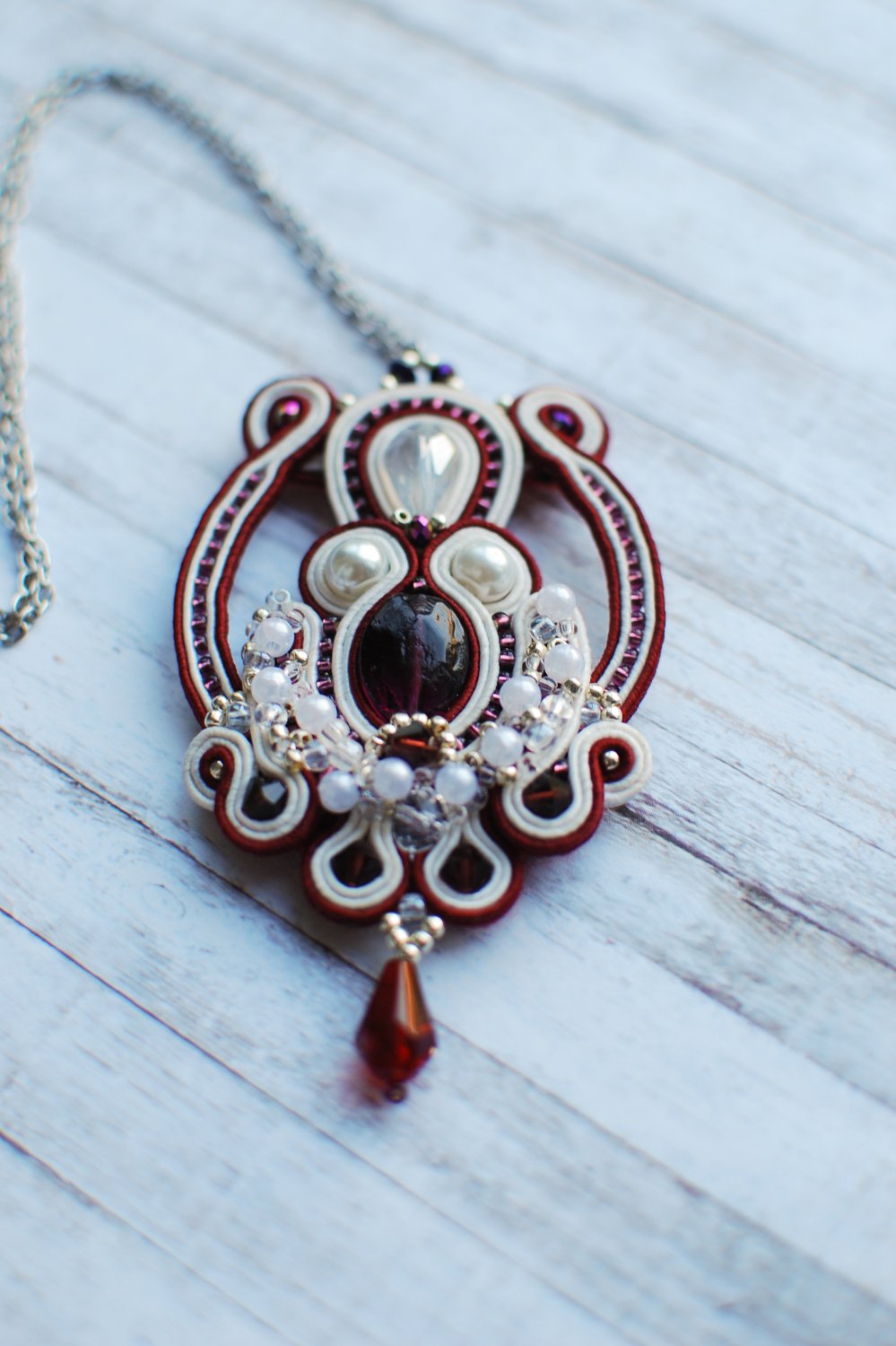 Soutache pendant, Red, burgundy and white pendant, Beaded pendant, Soutache jewelry