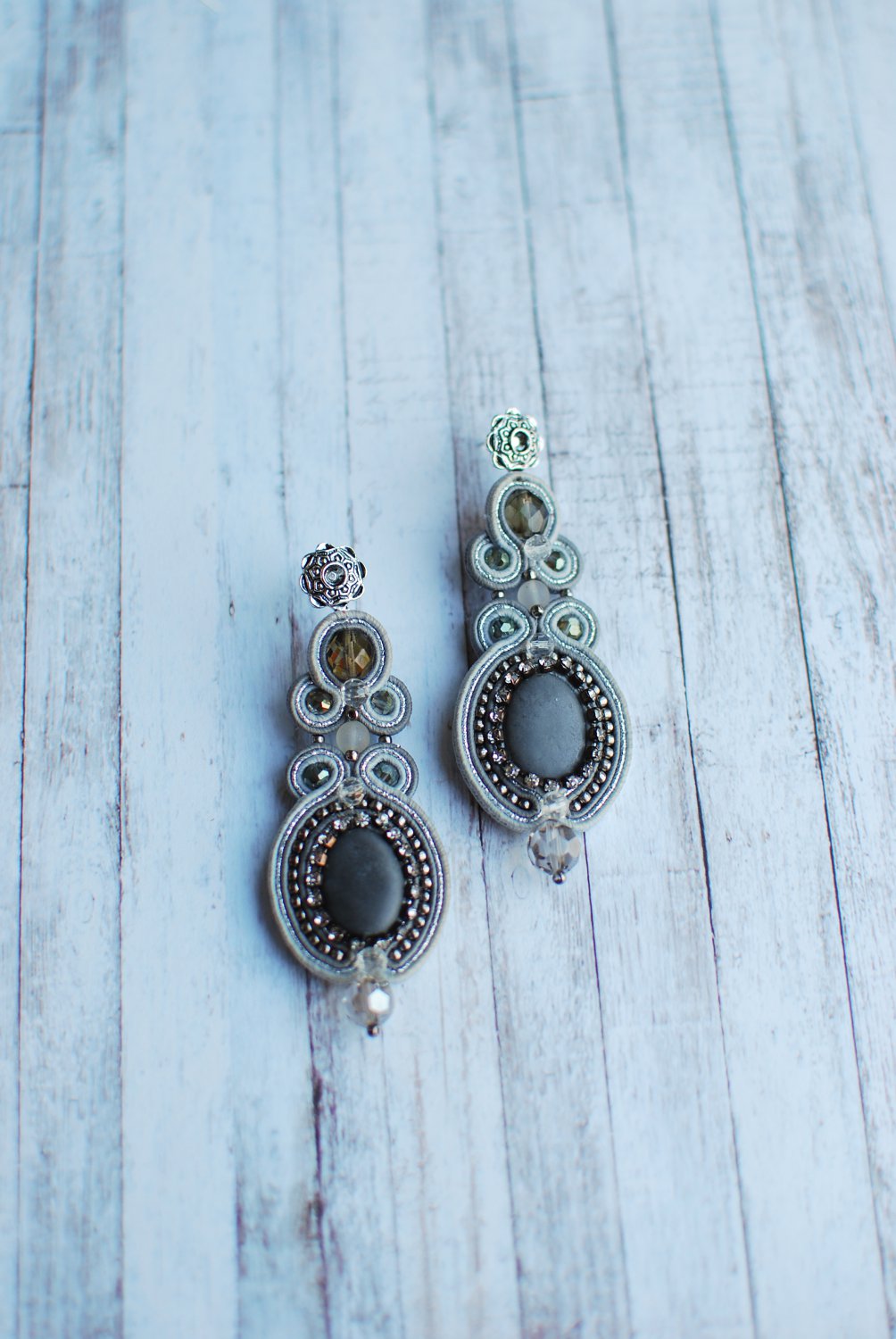 Soutache dangle earrings, Silver earrings with crystal, Embroidered earrings, Beaded earrings