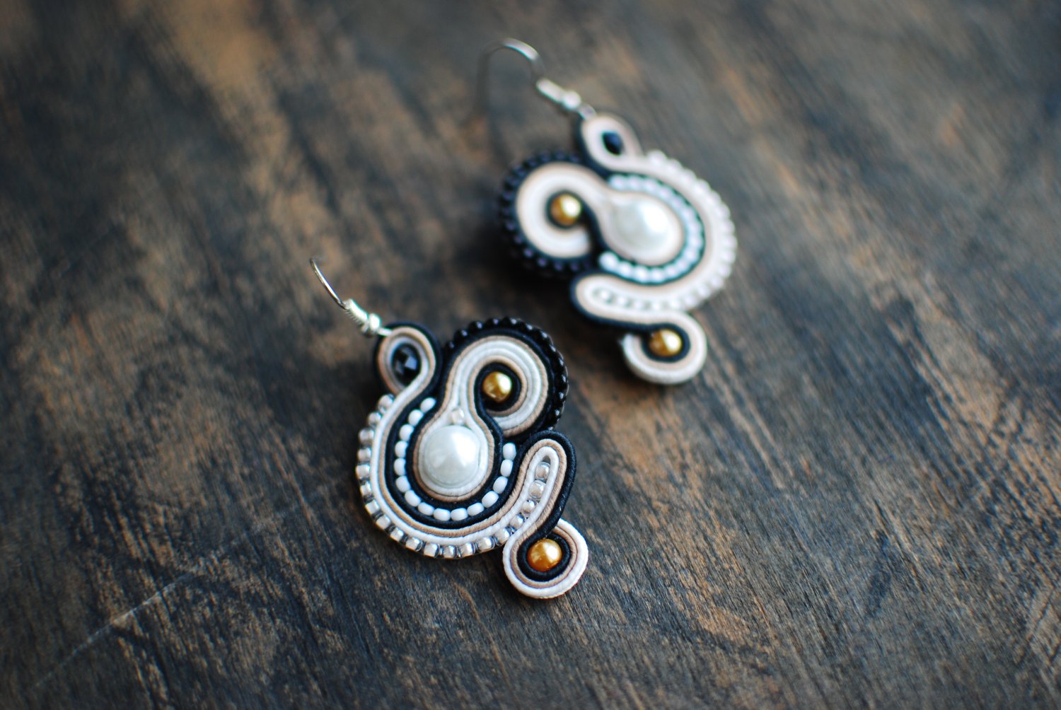 Soutache dangle earrings, Brown, white and black earrings, Soutache jewelry, Embroidered earrings