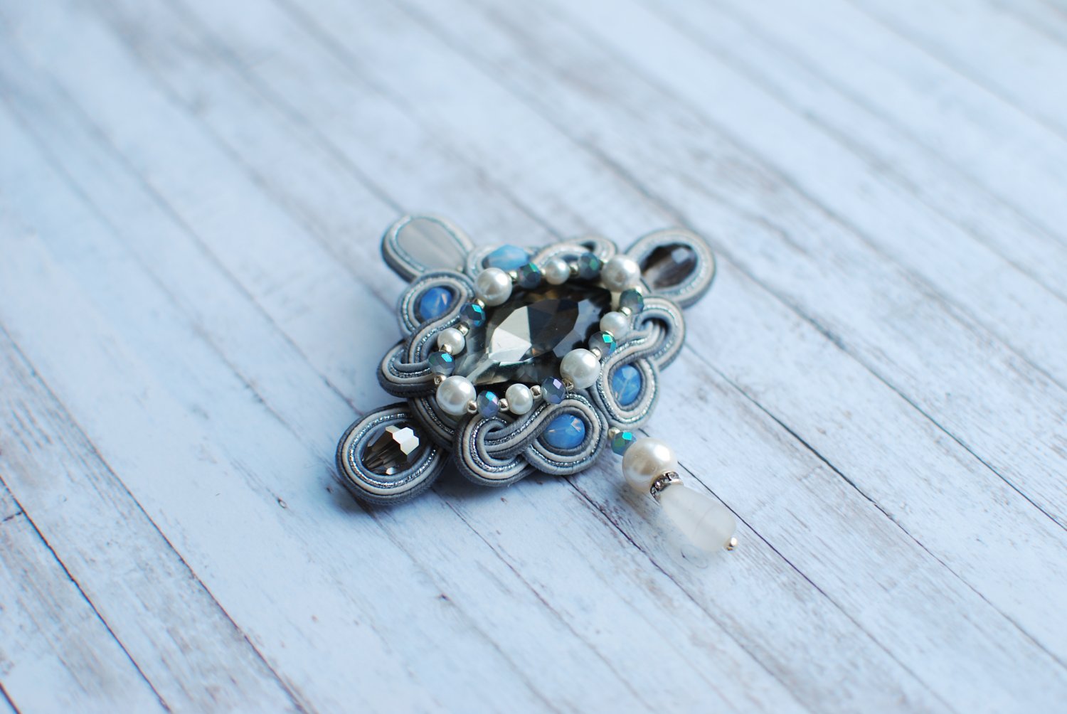 Soutache brooch, Grey, blue and white brooch, Crystal brooch, Beaded brooch, Embroidered brooc