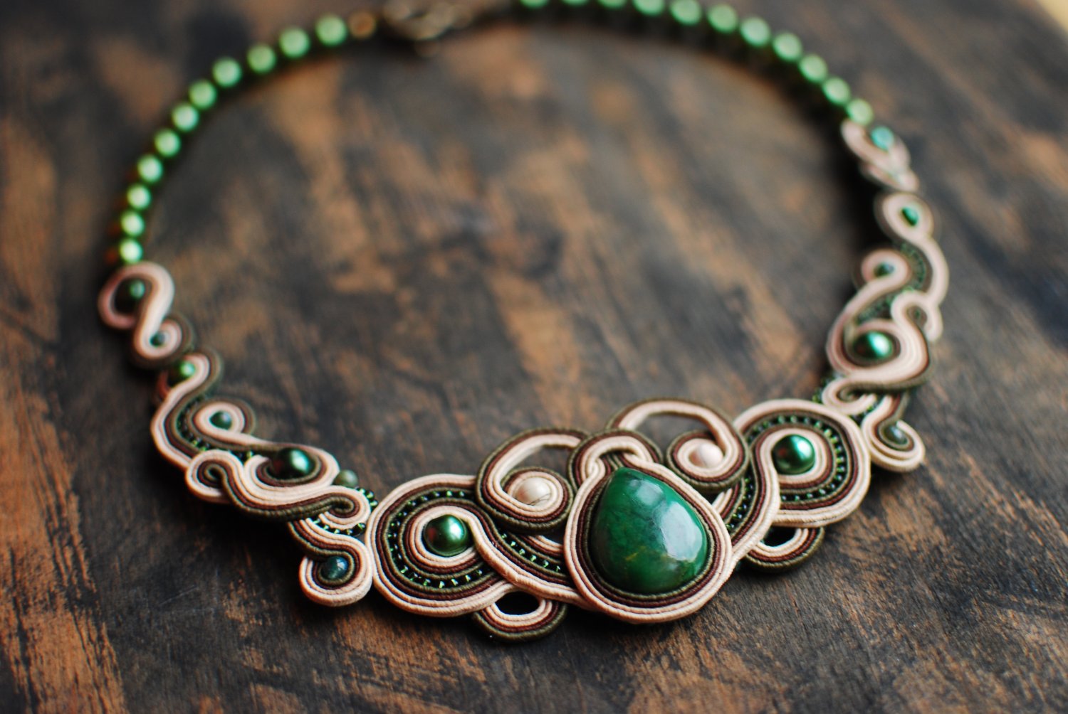 Soutache statement necklace, Green and beige necklace, Soutache jewelry, Embroidered necklace
